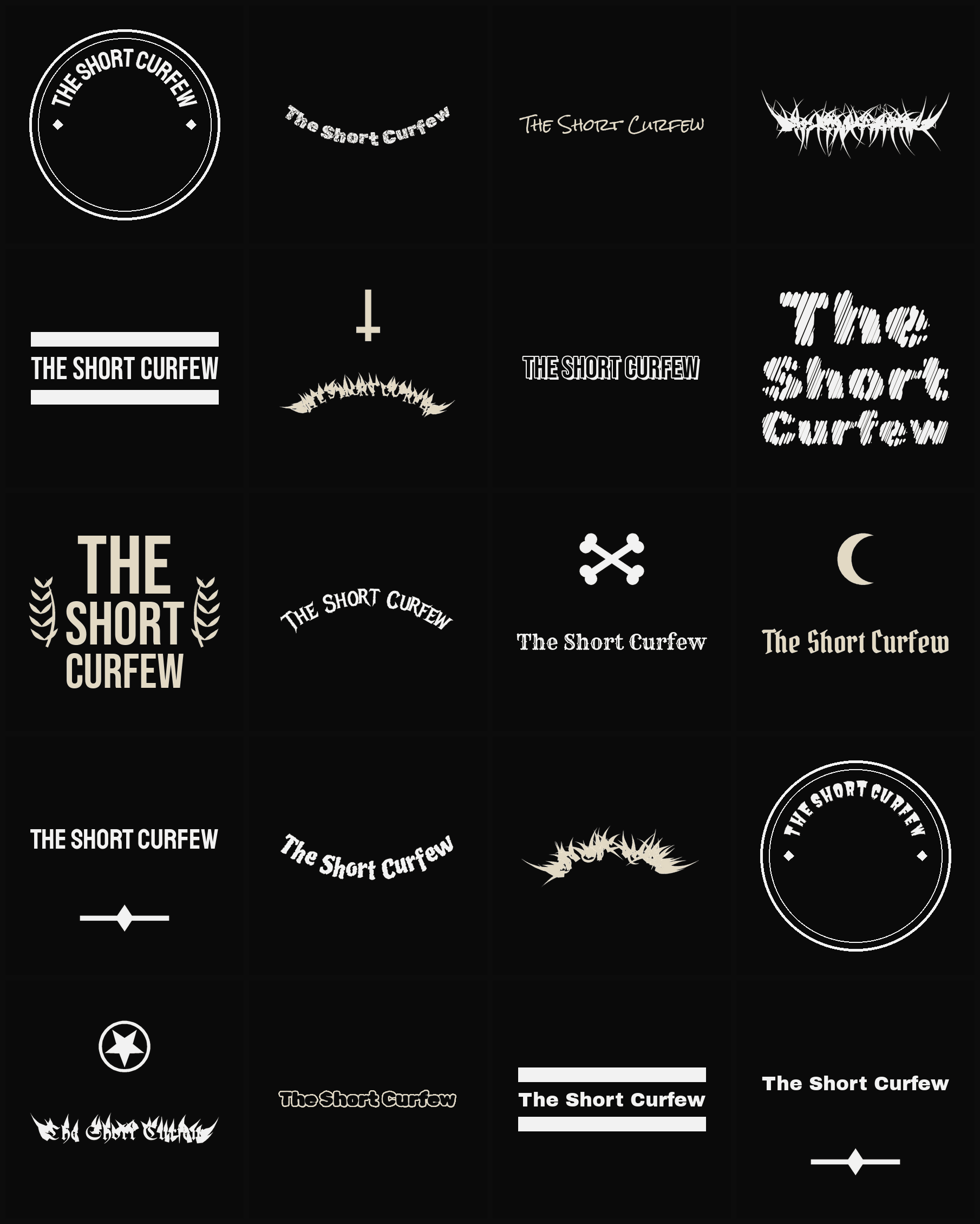 Twenty The Short Curfew band logo ideas — different faces, treatments and spike settings
