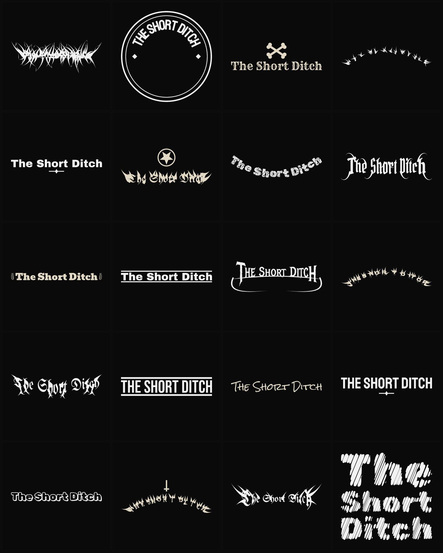 Twenty The Short Ditch band logo ideas — different faces, treatments and spike settings