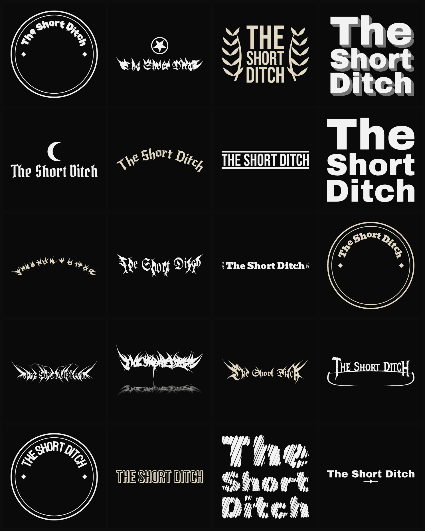 Twenty The Short Ditch band logo ideas — different faces, treatments and spike settings