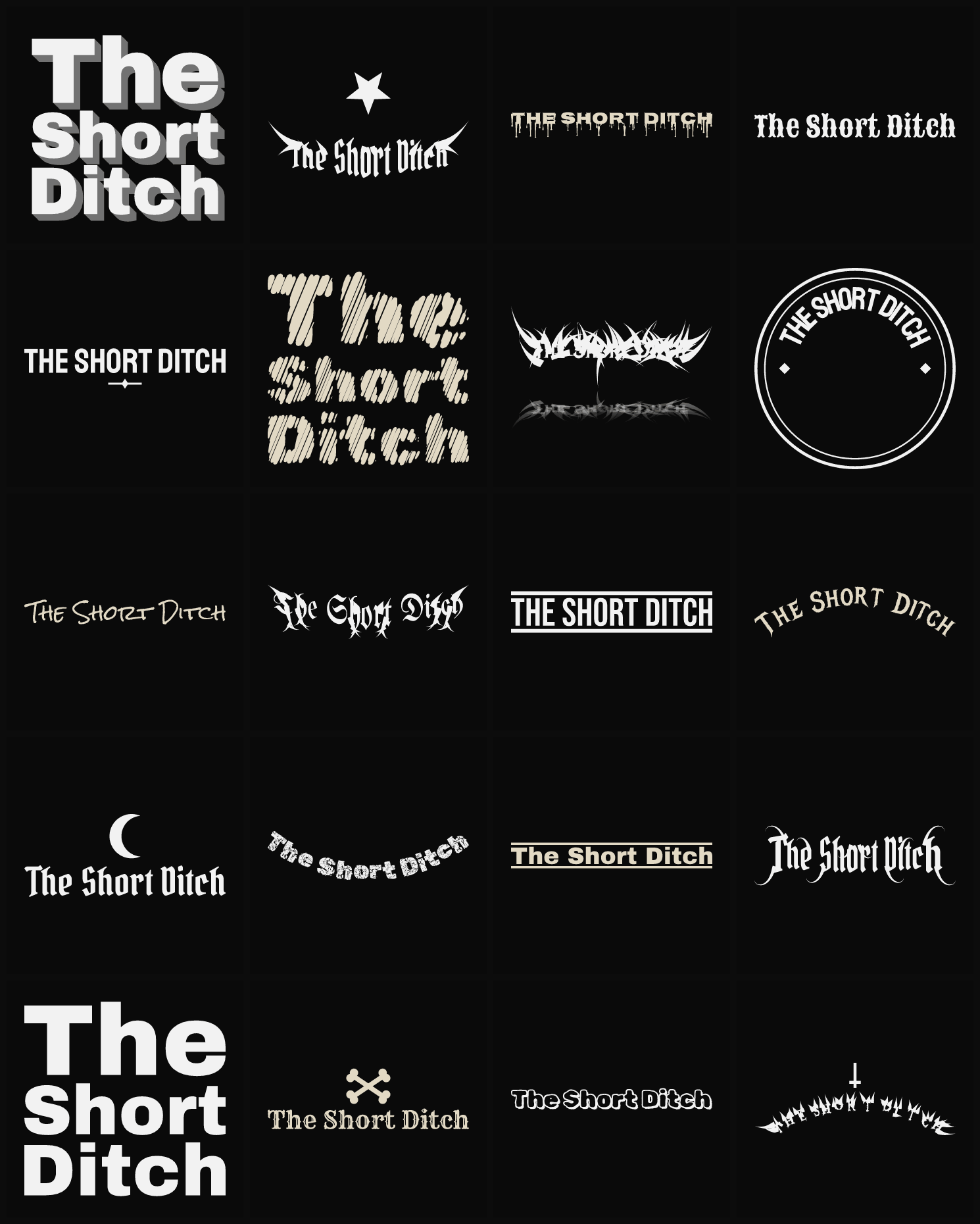 Twenty The Short Ditch band logo ideas — different faces, treatments and spike settings
