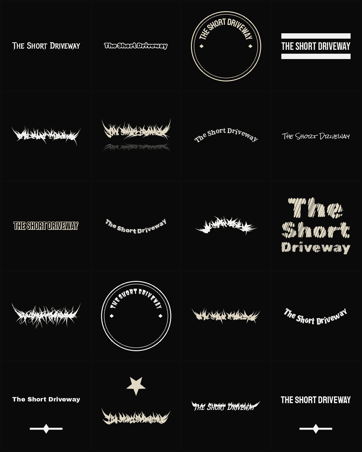 Twenty The Short Driveway band logo ideas — different faces, treatments and spike settings
