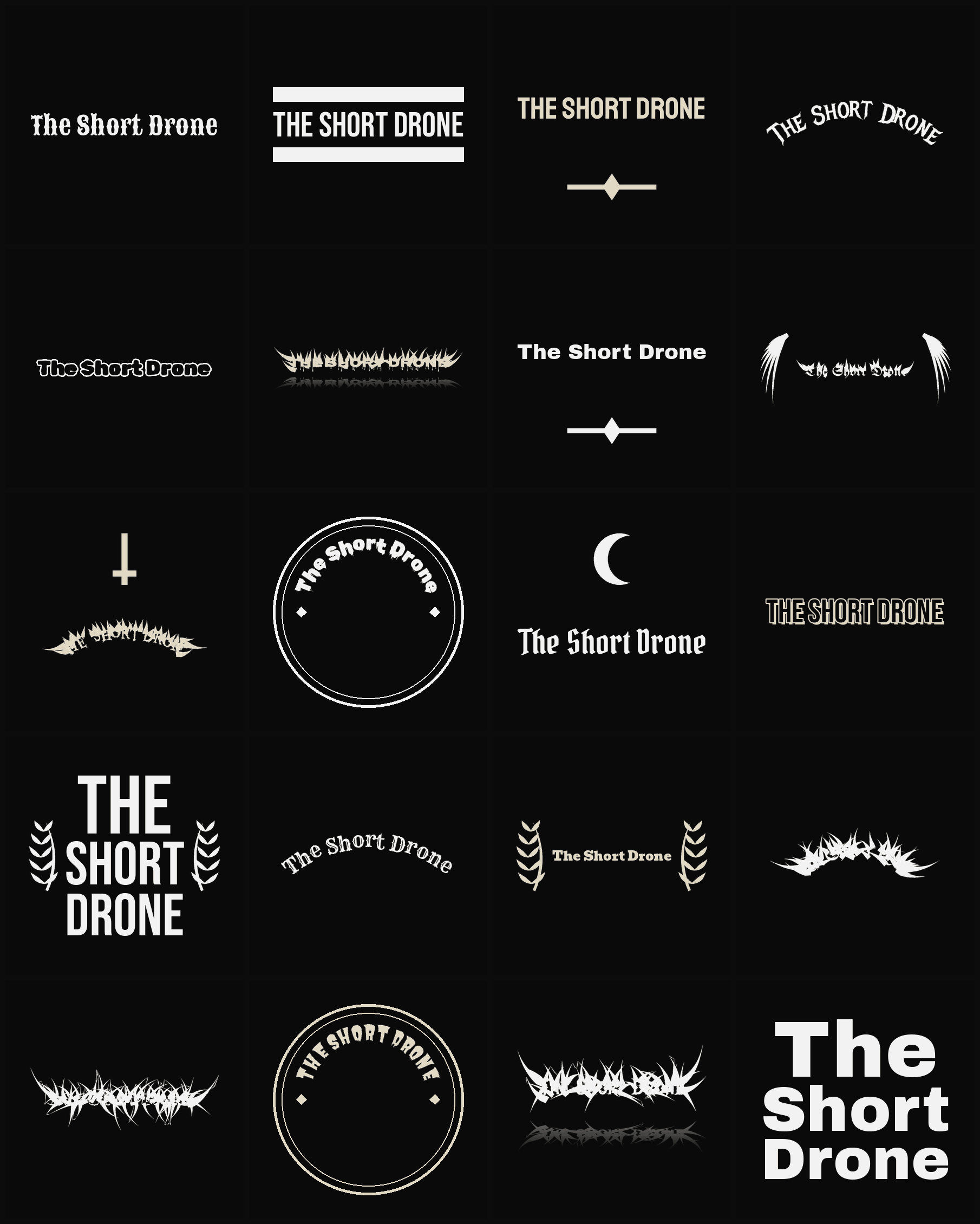 Twenty The Short Drone band logo ideas — different faces, treatments and spike settings