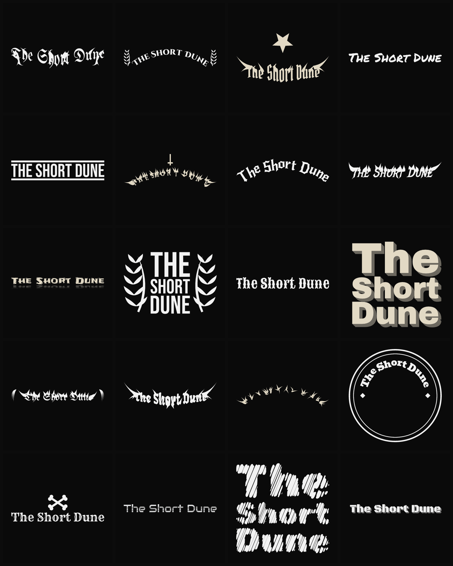 Twenty The Short Dune band logo ideas — different faces, treatments and spike settings