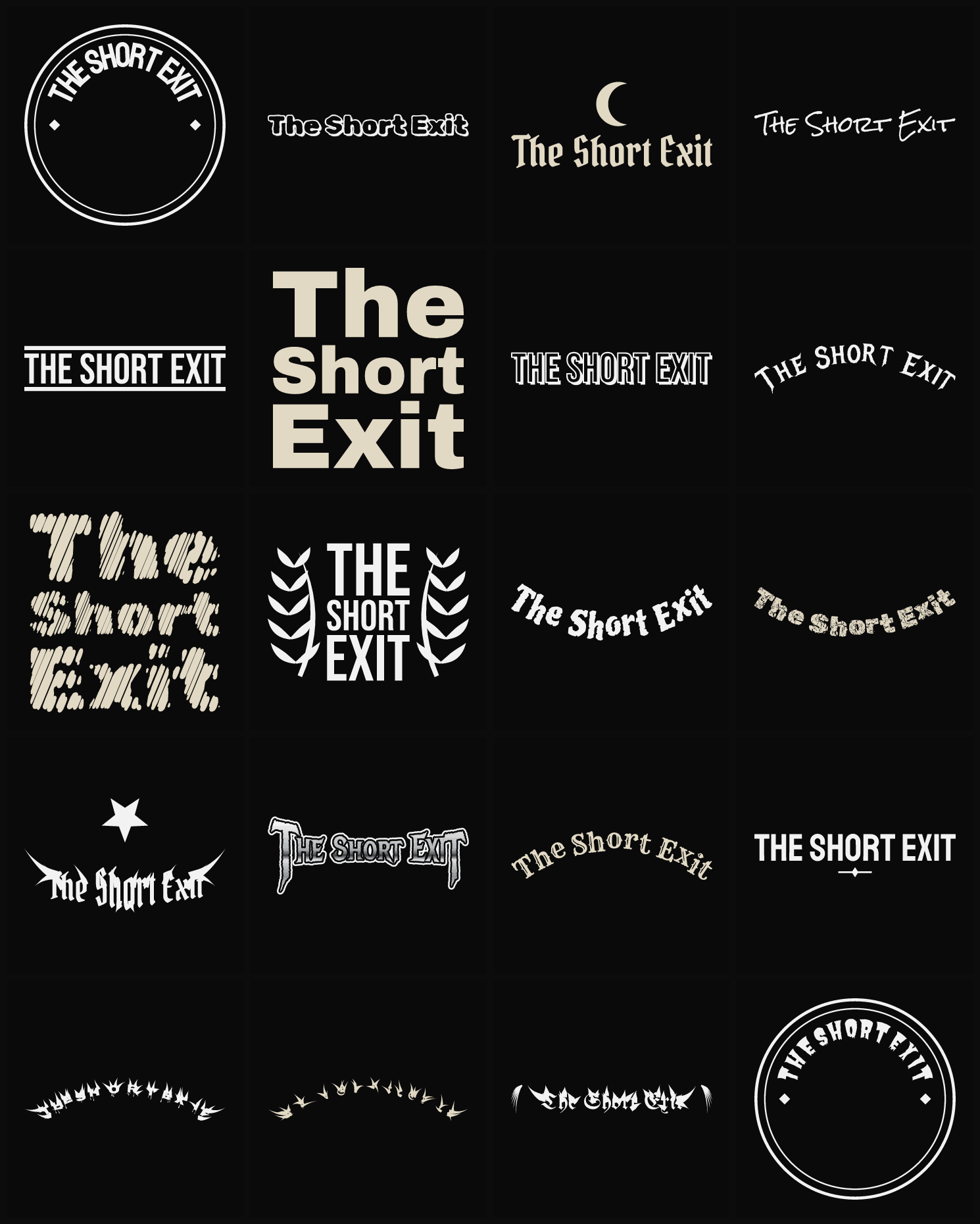 Twenty The Short Exit band logo ideas — different faces, treatments and spike settings