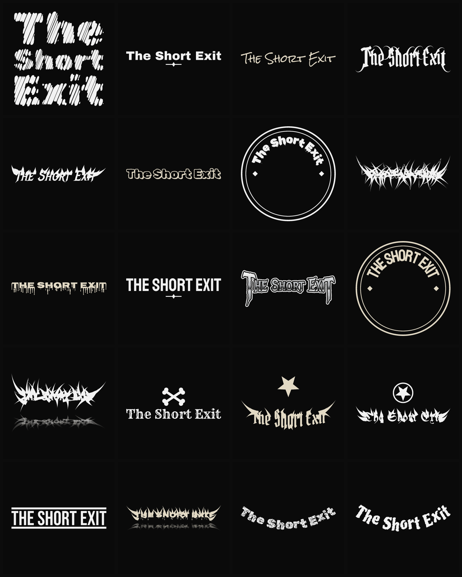 Twenty The Short Exit band logo ideas — different faces, treatments and spike settings