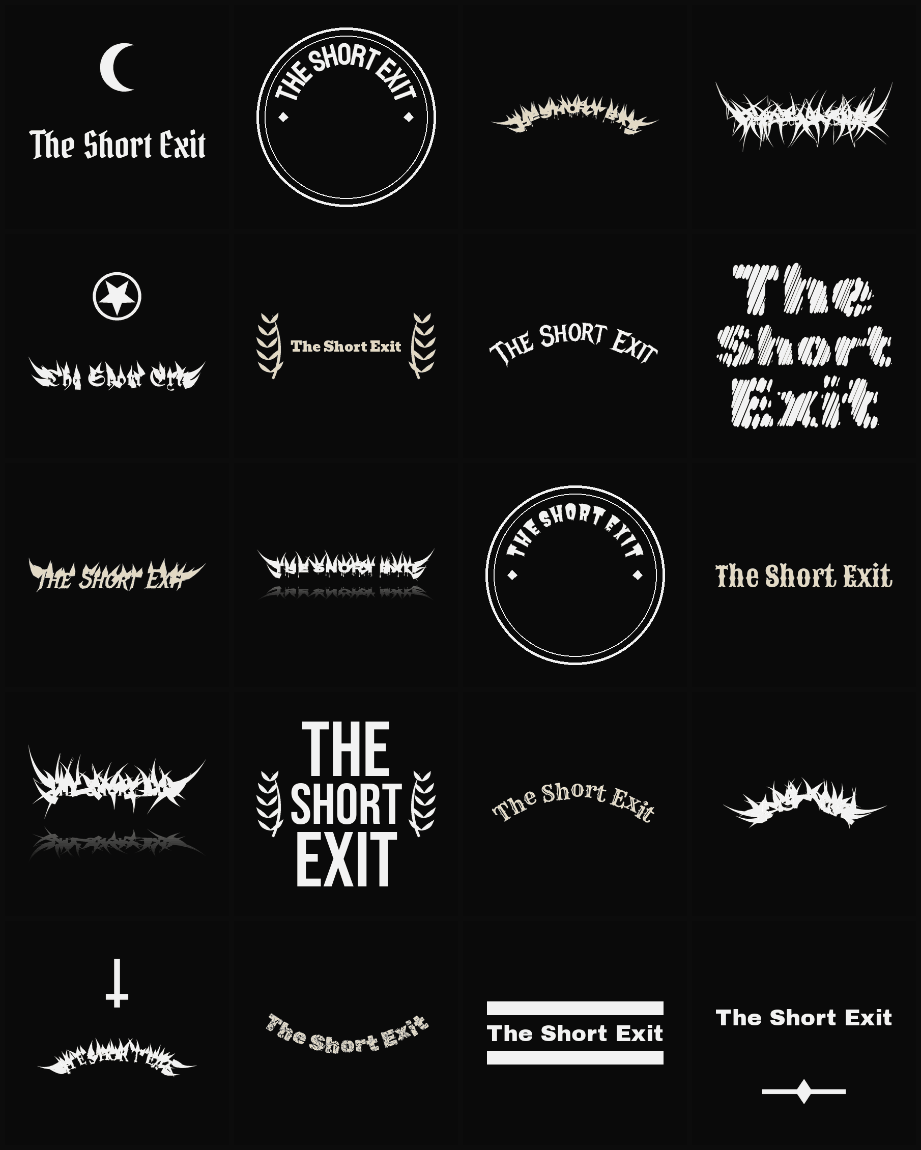 Twenty The Short Exit band logo ideas — different faces, treatments and spike settings