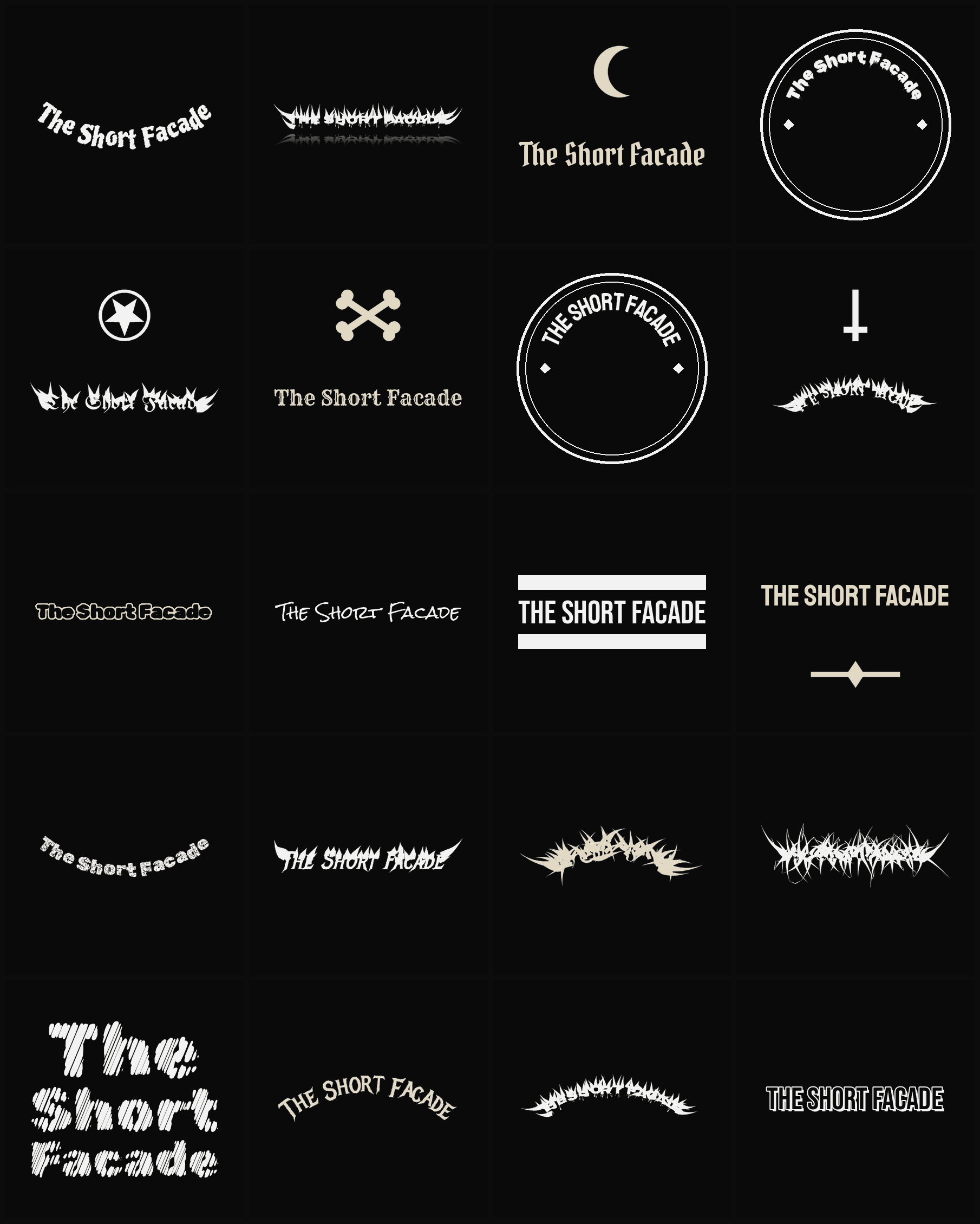 Twenty The Short Facade band logo ideas — different faces, treatments and spike settings