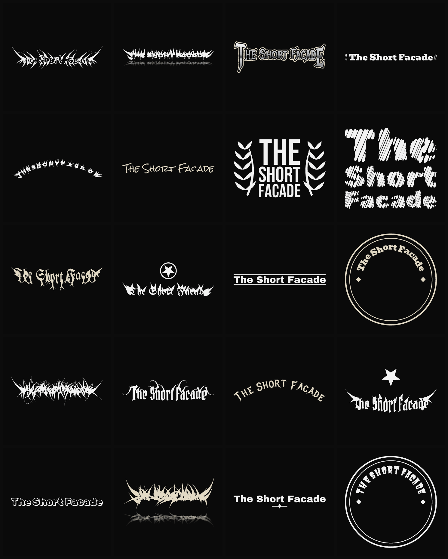 Twenty The Short Facade band logo ideas — different faces, treatments and spike settings