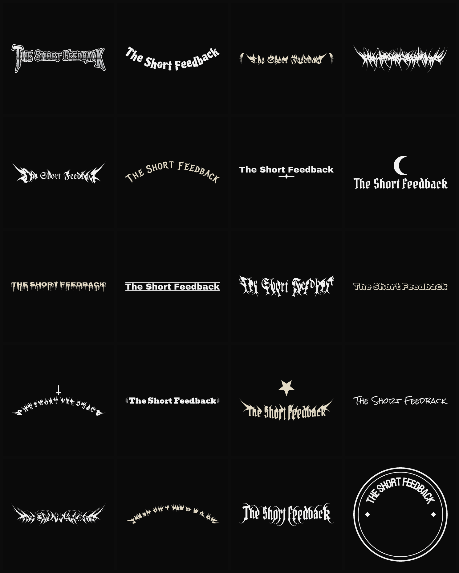 Twenty The Short Feedback band logo ideas — different faces, treatments and spike settings