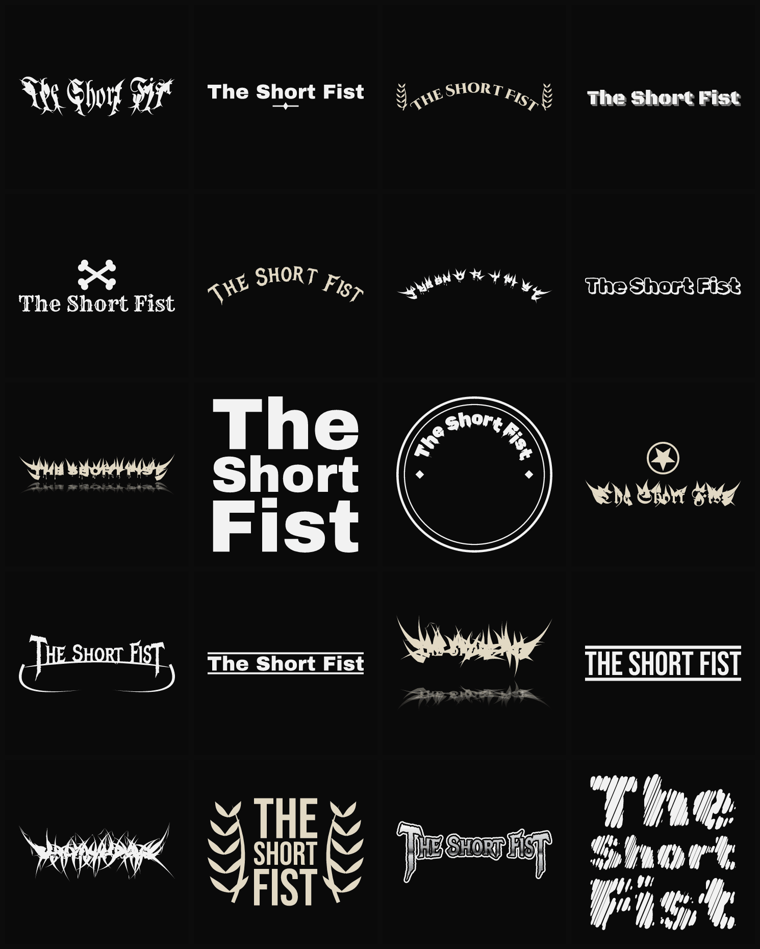 Twenty The Short Fist band logo ideas — different faces, treatments and spike settings