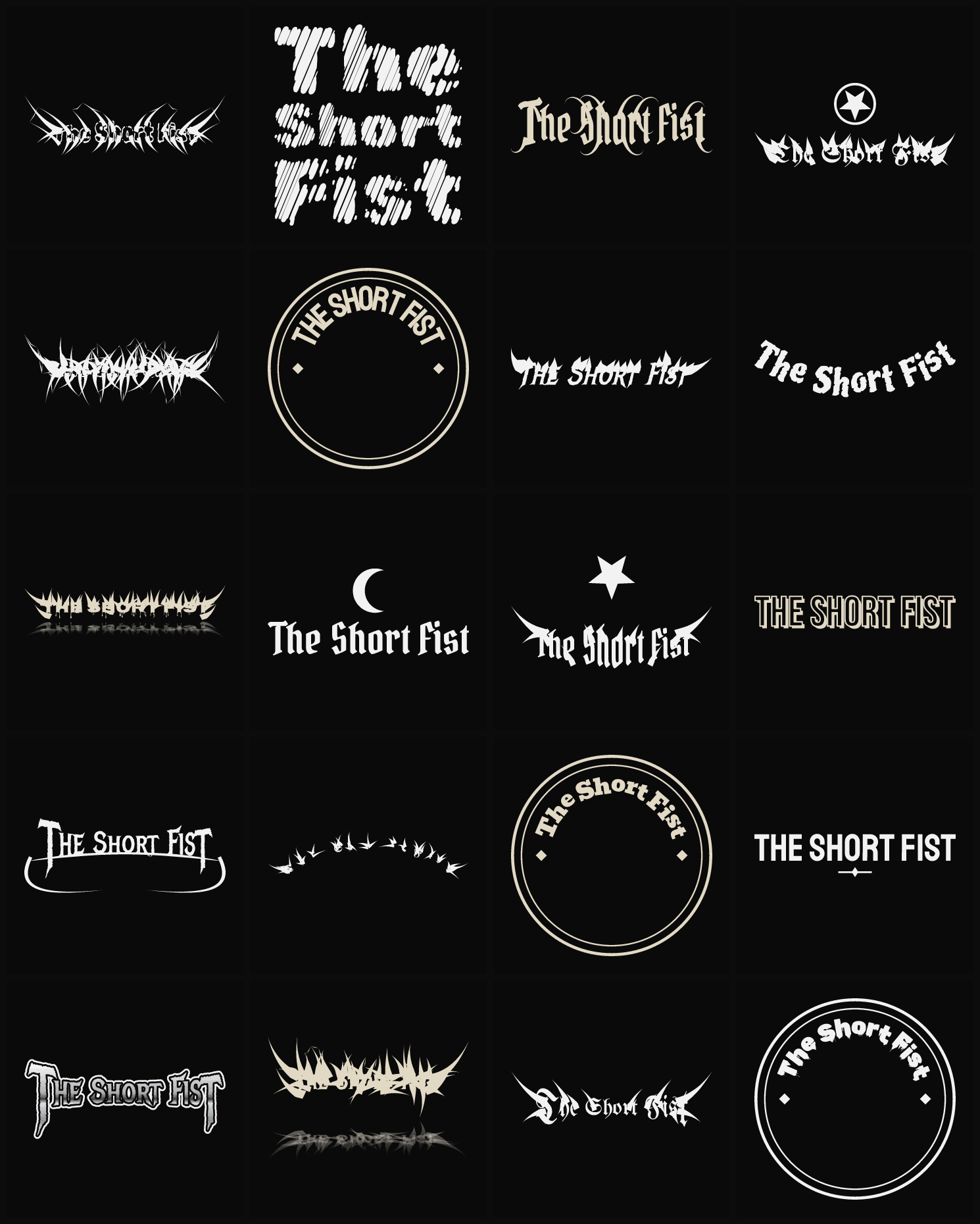 Twenty The Short Fist band logo ideas — different faces, treatments and spike settings
