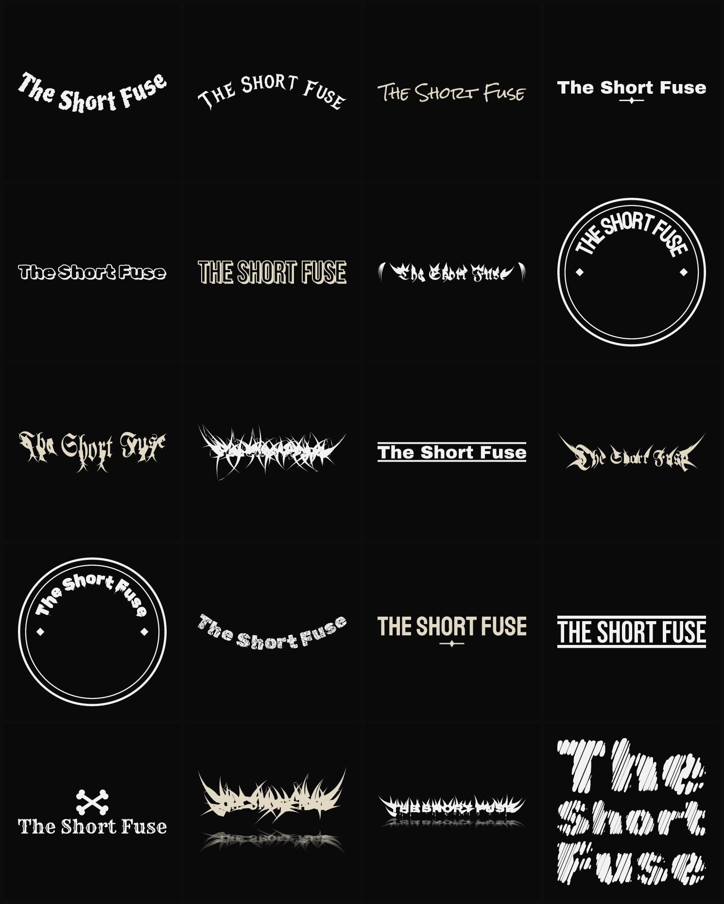 Twenty The Short Fuse band logo ideas — different faces, treatments and spike settings