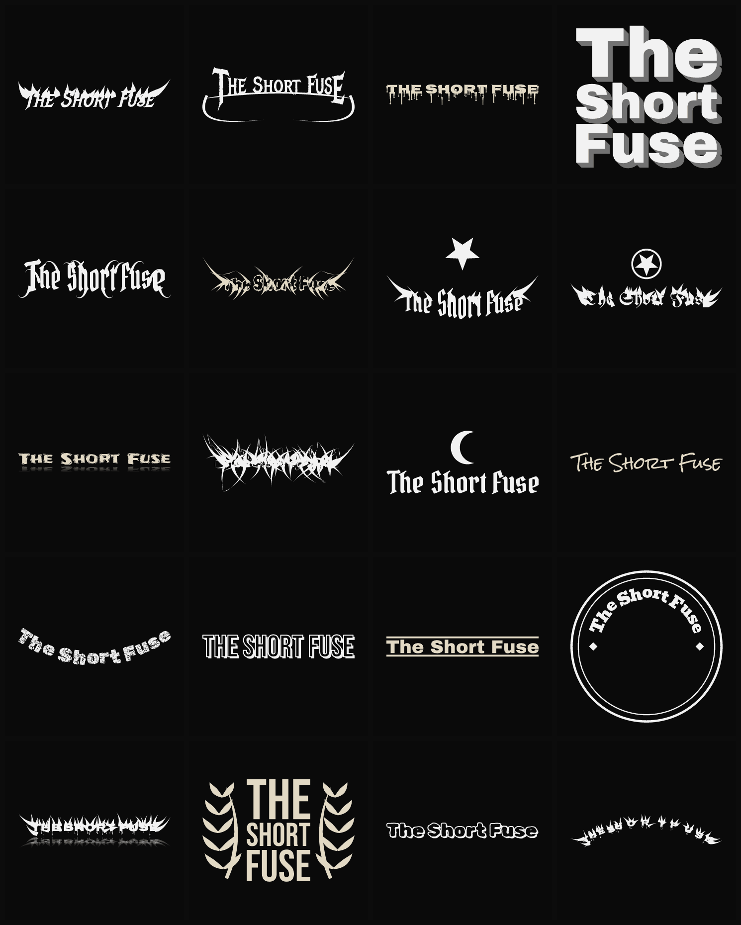 Twenty The Short Fuse band logo ideas — different faces, treatments and spike settings