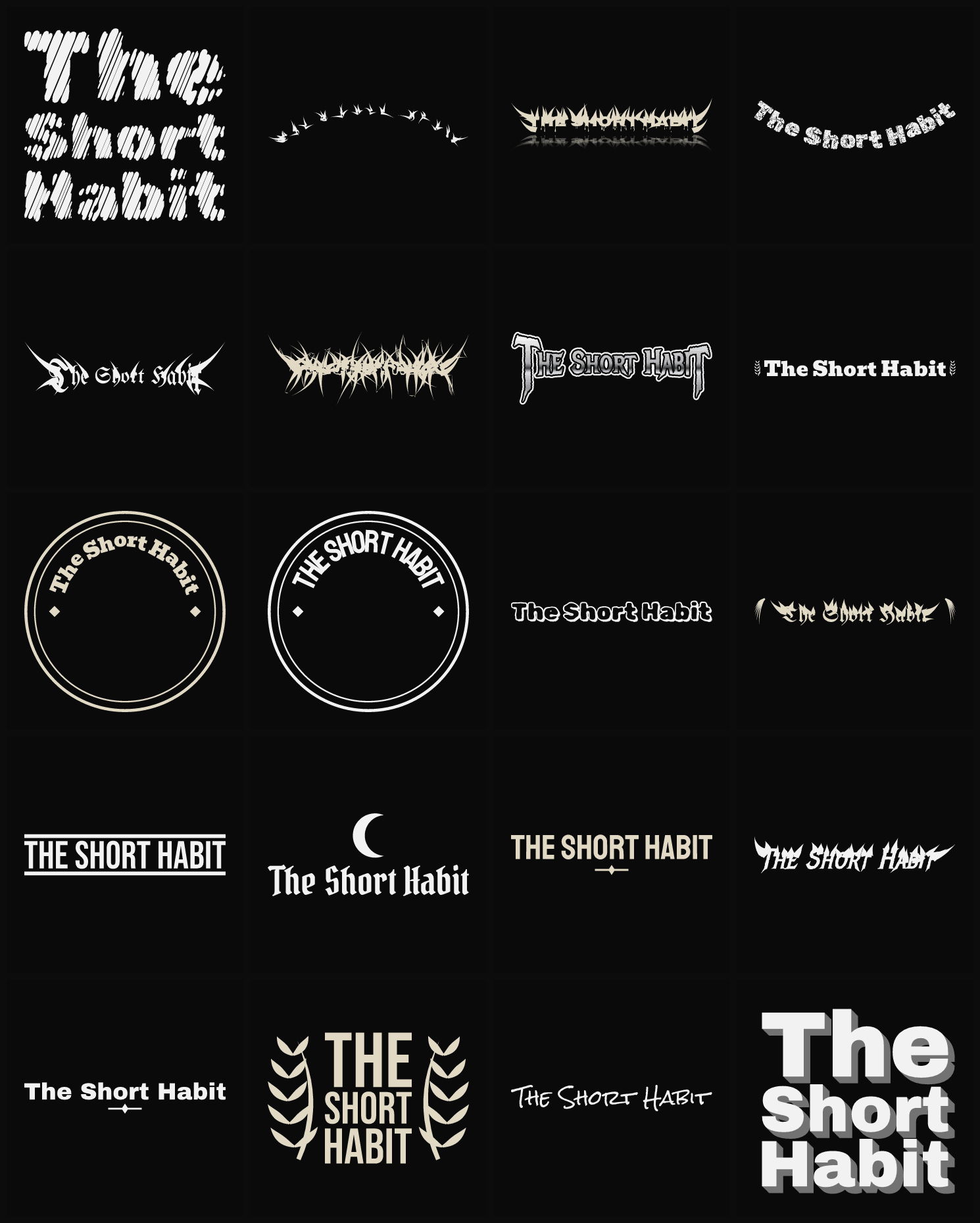 Twenty The Short Habit band logo ideas — different faces, treatments and spike settings