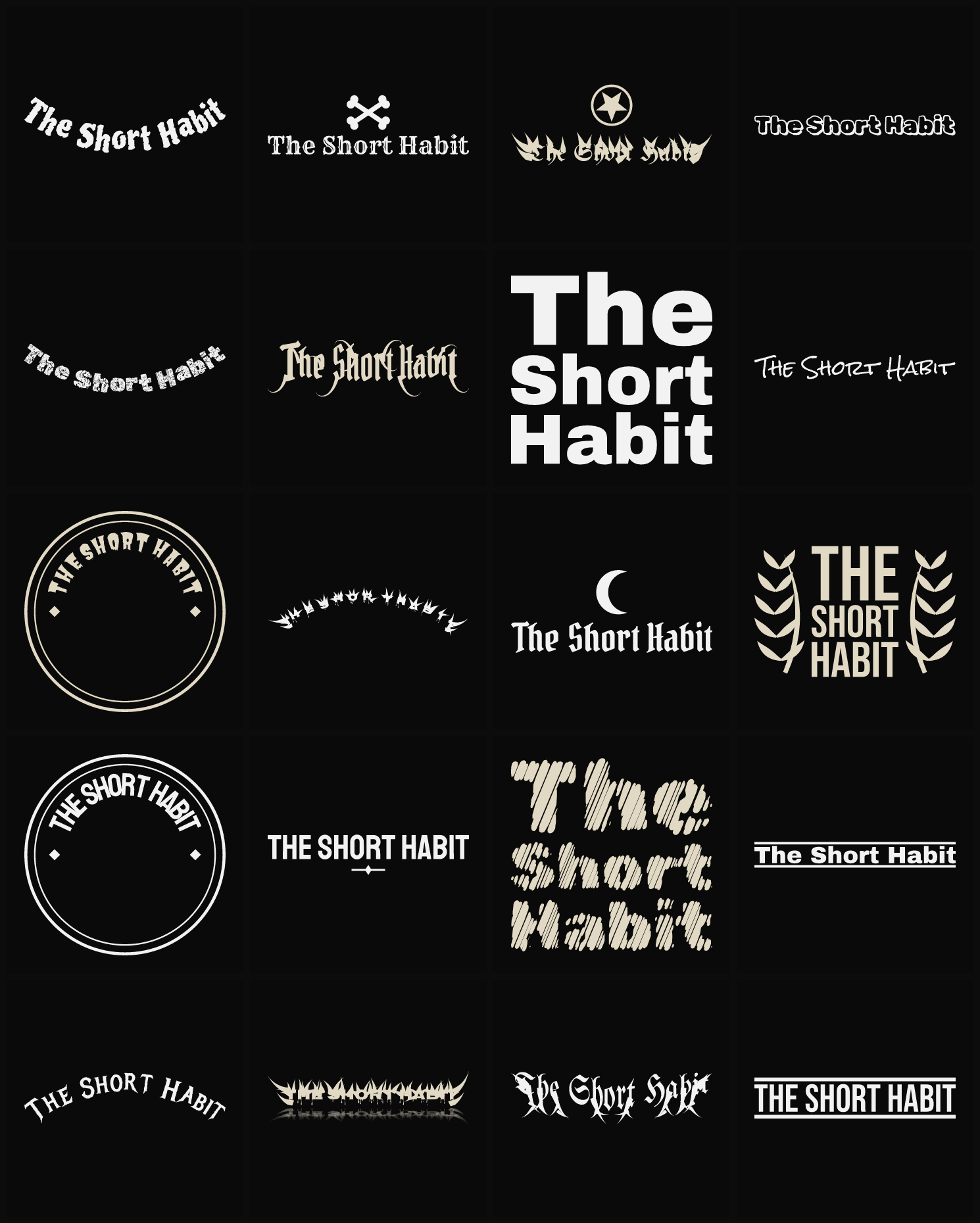 Twenty The Short Habit band logo ideas — different faces, treatments and spike settings