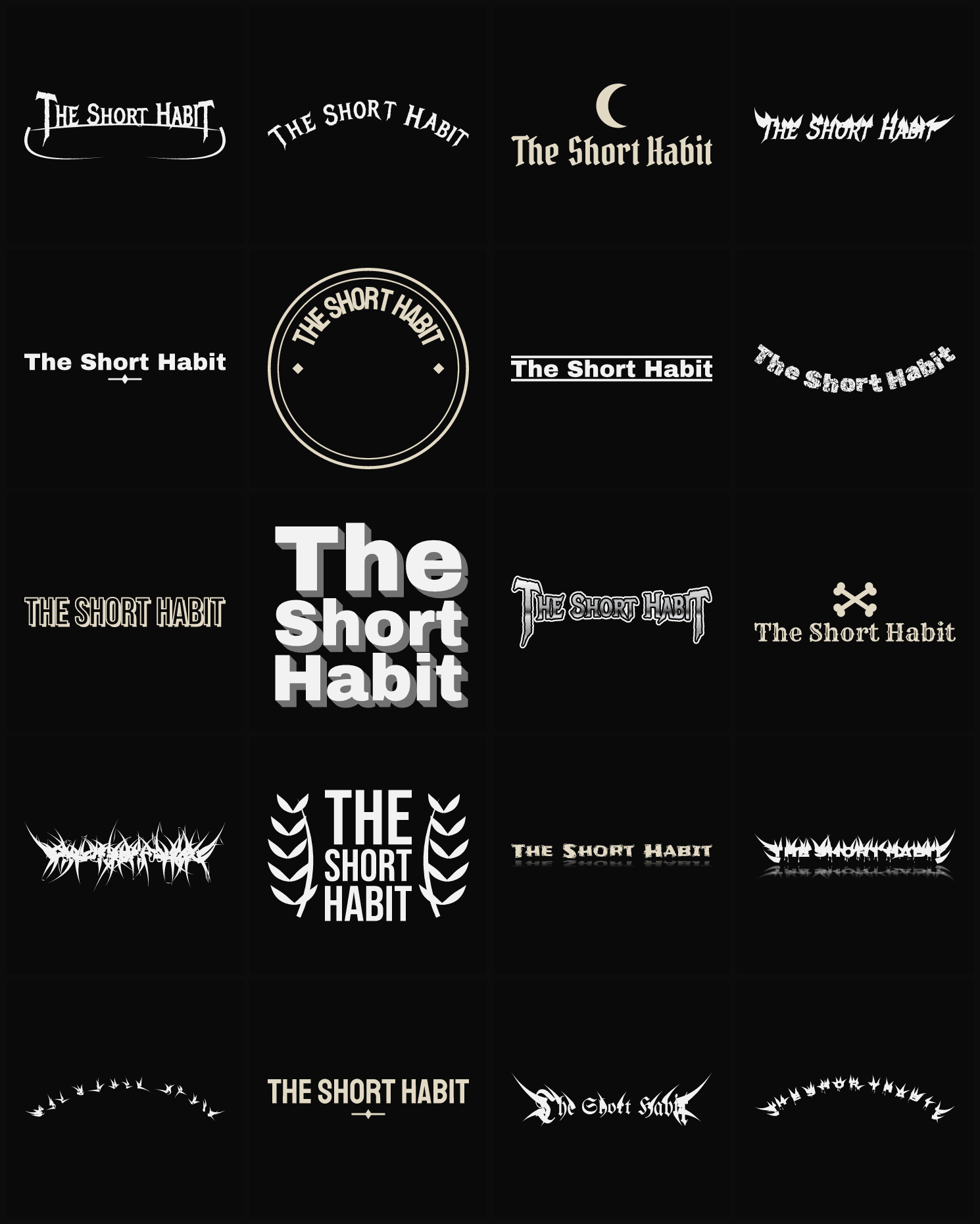 Twenty The Short Habit band logo ideas — different faces, treatments and spike settings