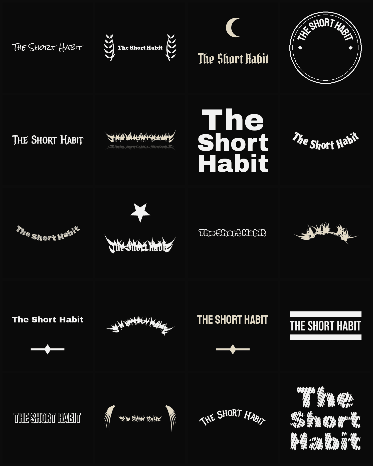 Twenty The Short Habit band logo ideas — different faces, treatments and spike settings
