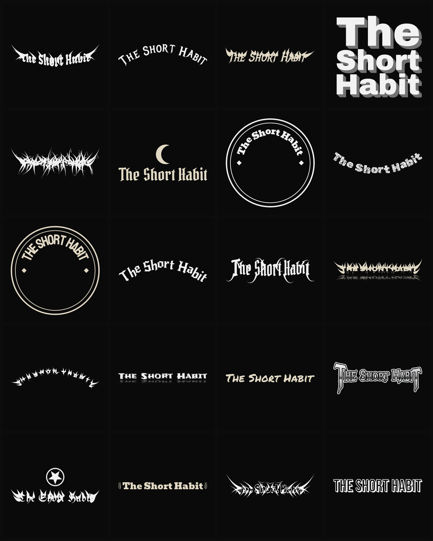 Twenty The Short Habit band logo ideas — different faces, treatments and spike settings