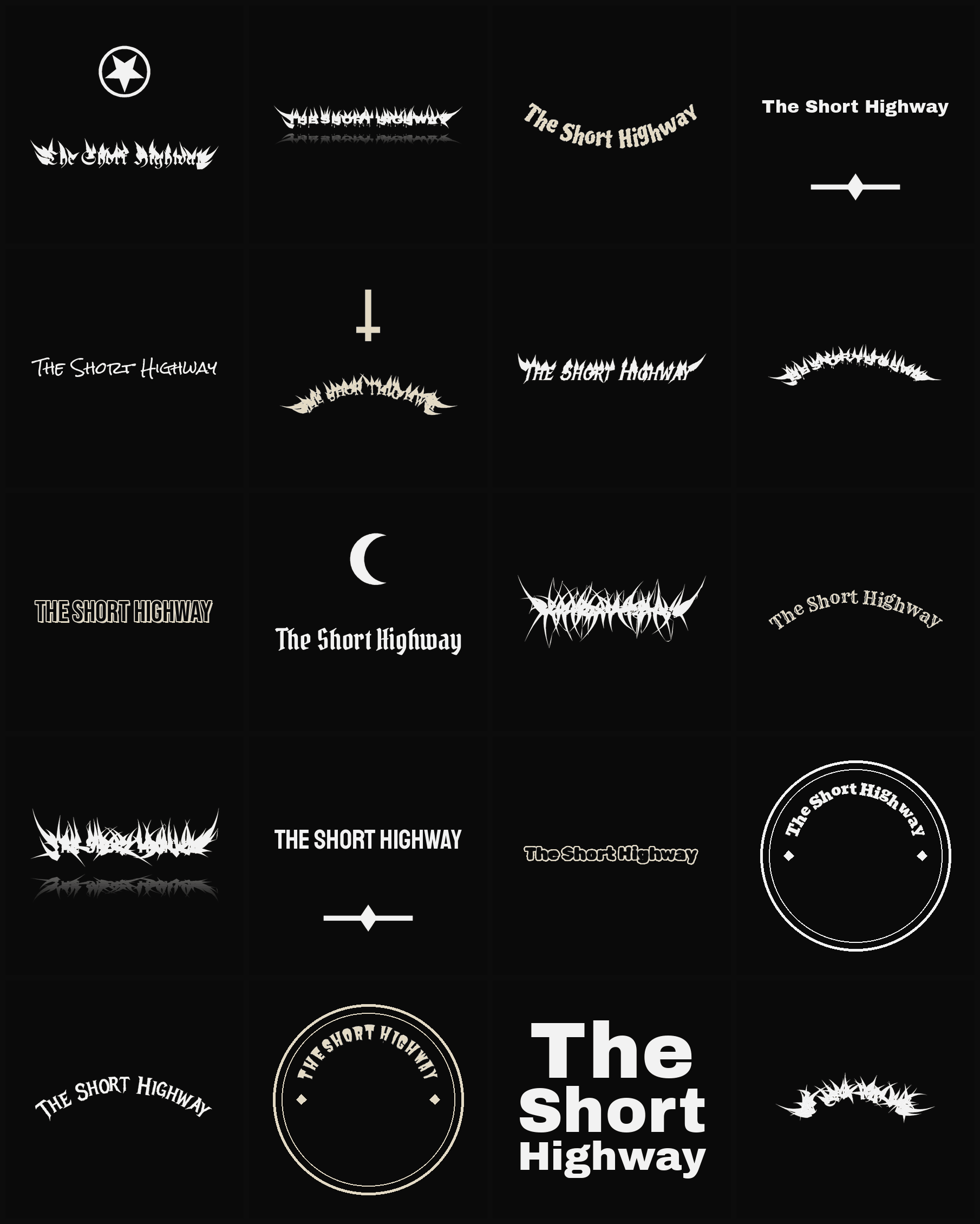 Twenty The Short Highway band logo ideas — different faces, treatments and spike settings