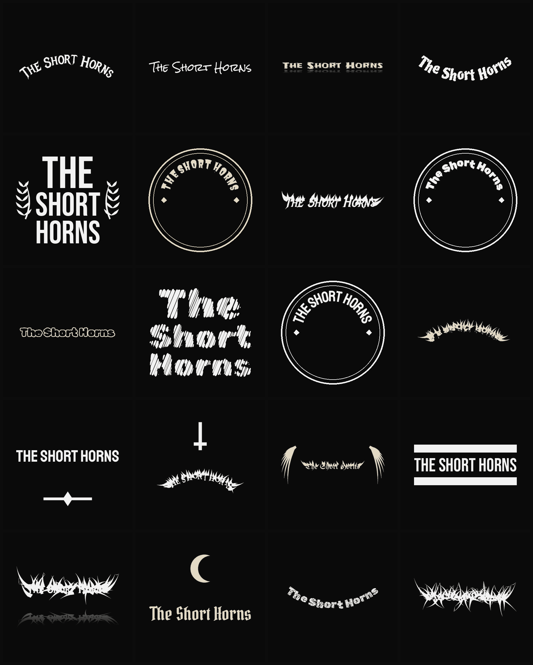 Twenty The Short Horns band logo ideas — different faces, treatments and spike settings