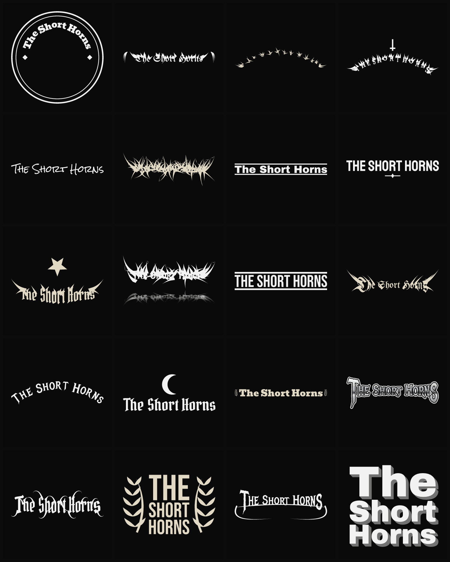 Twenty The Short Horns band logo ideas — different faces, treatments and spike settings