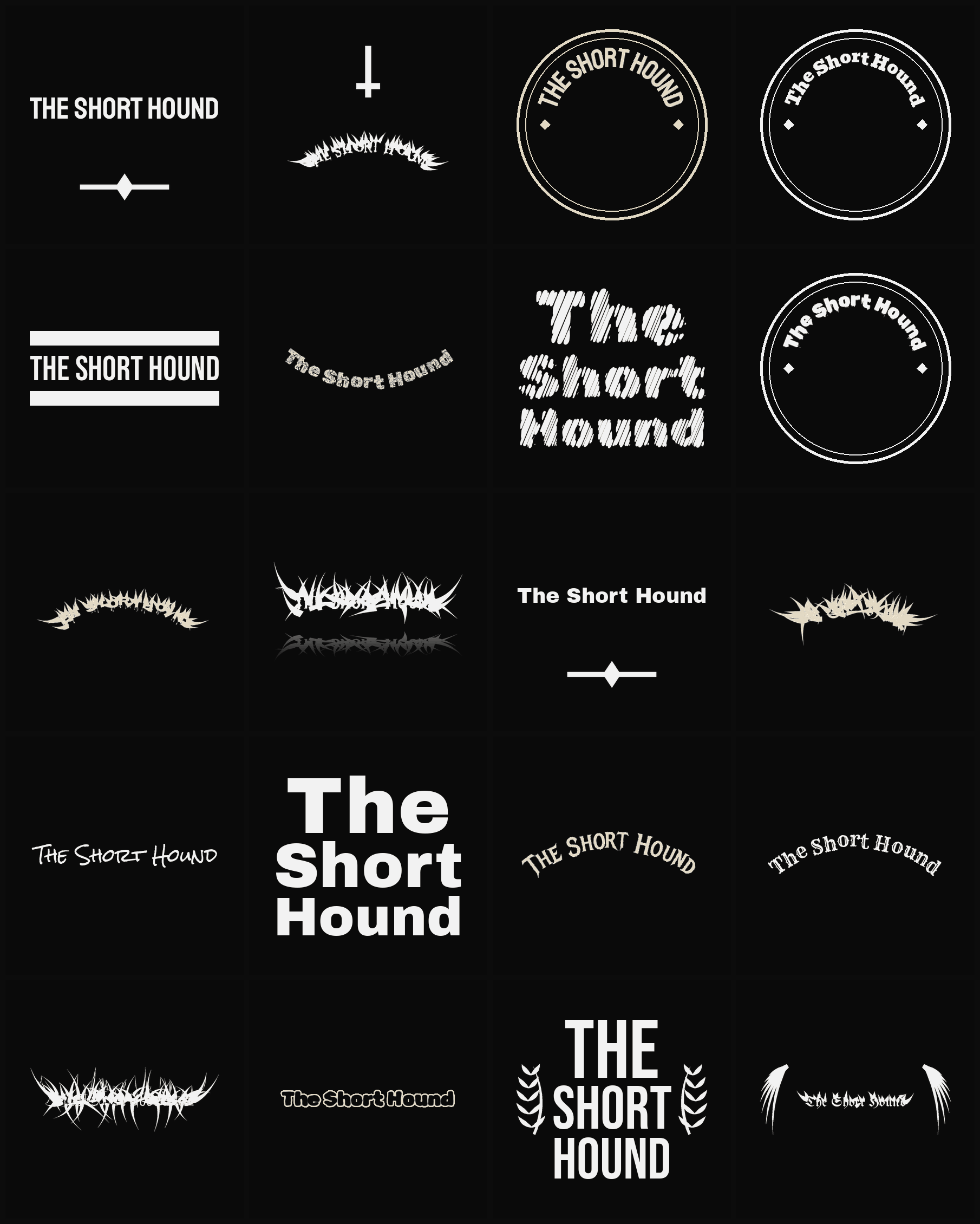 Twenty The Short Hound band logo ideas — different faces, treatments and spike settings