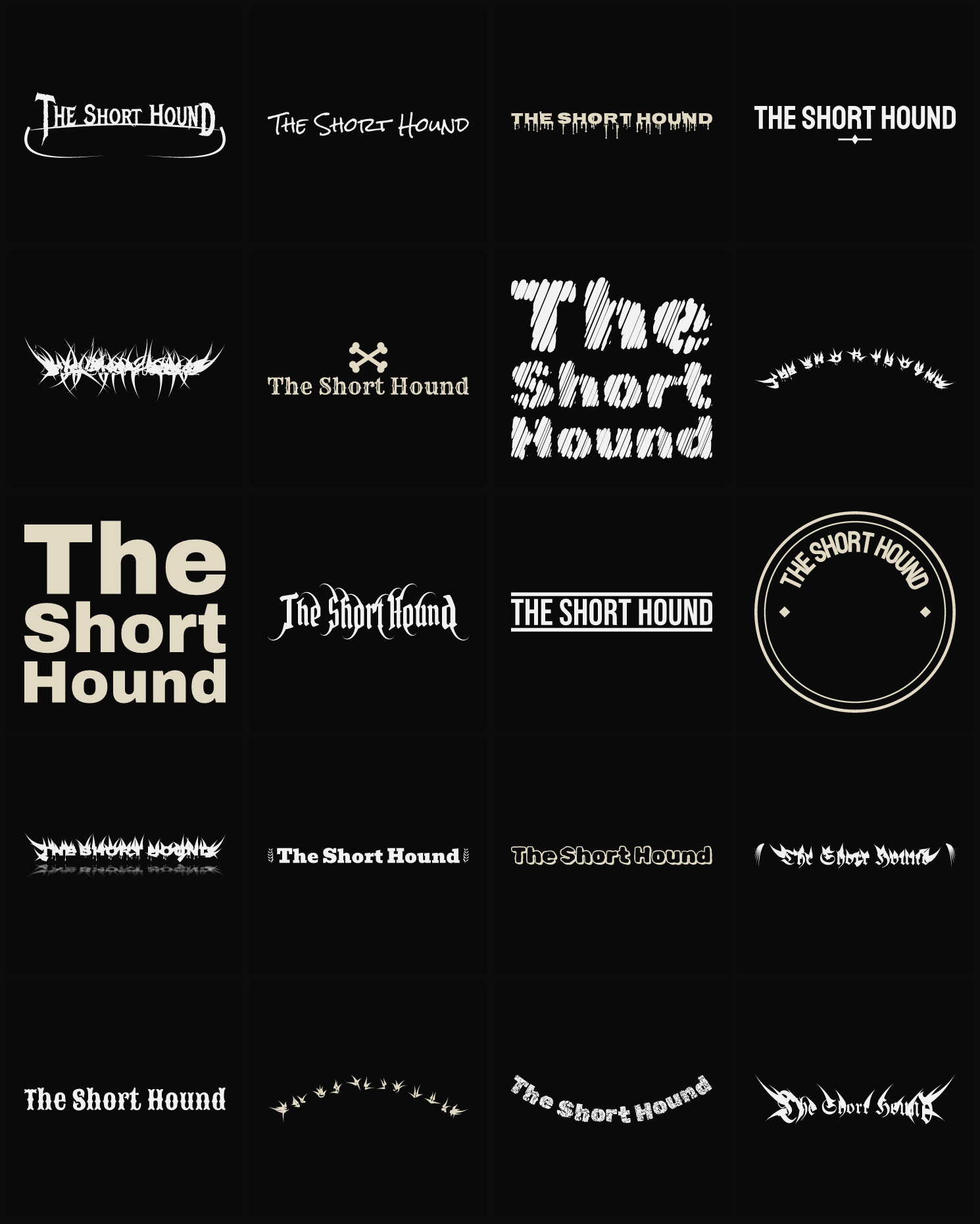 Twenty The Short Hound band logo ideas — different faces, treatments and spike settings