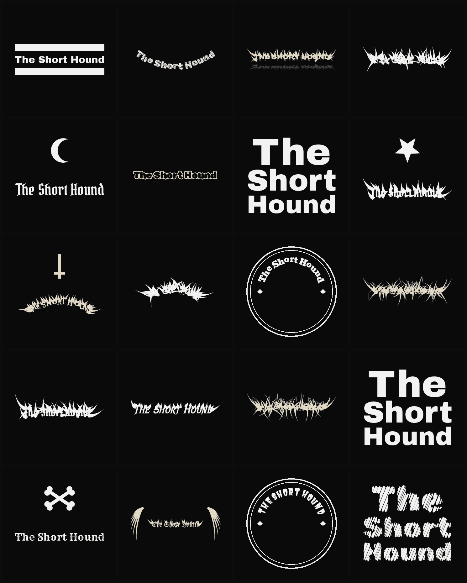 Twenty The Short Hound band logo ideas — different faces, treatments and spike settings