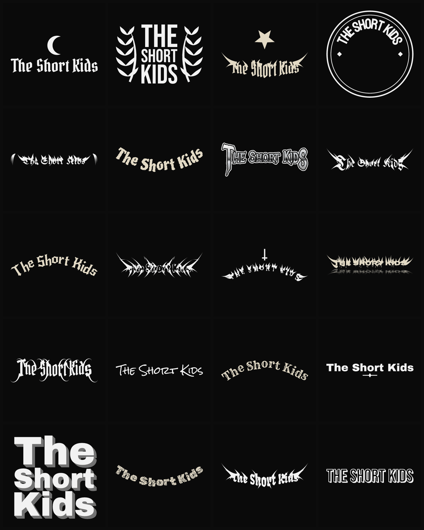 Twenty The Short Kids band logo ideas — different faces, treatments and spike settings