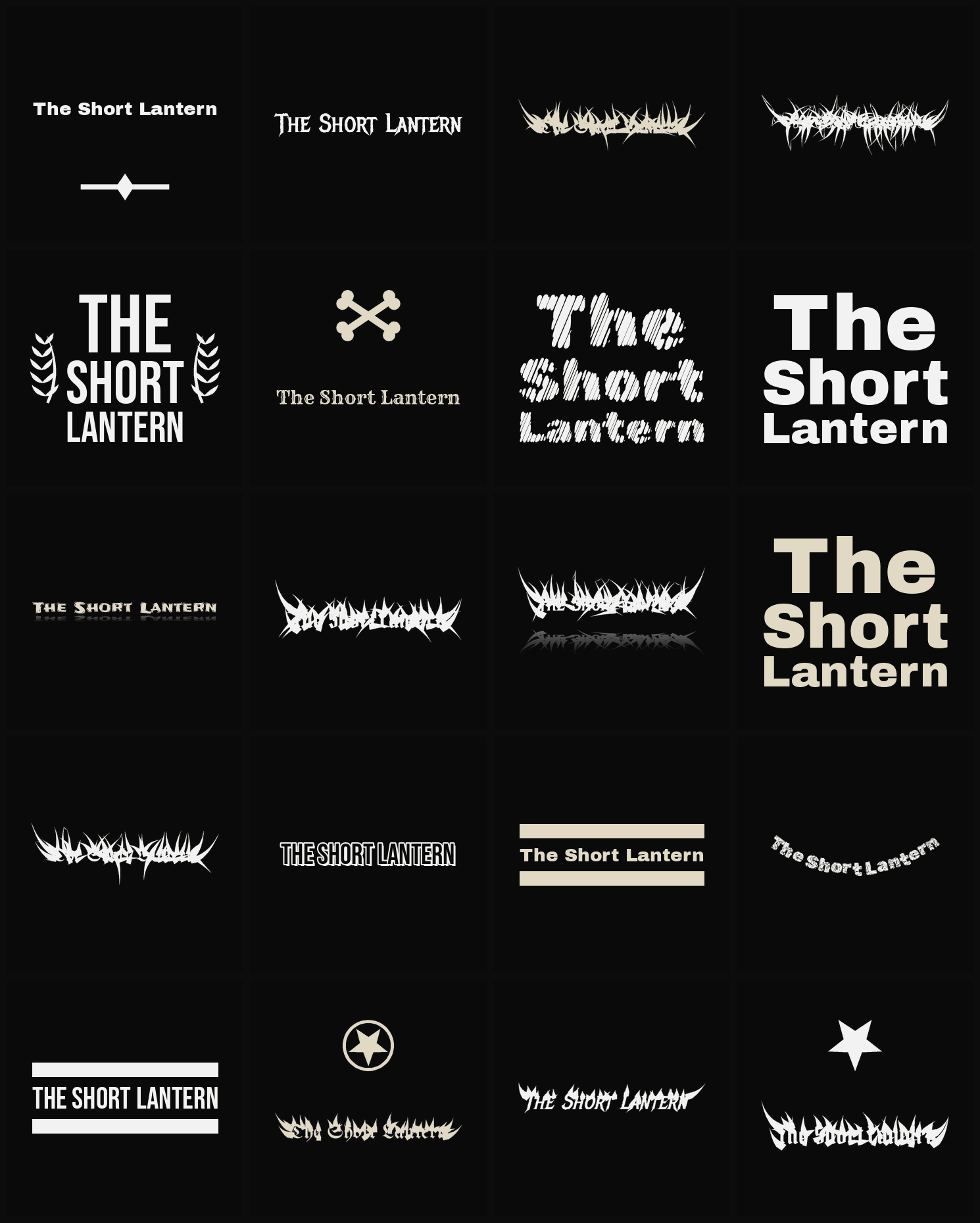 Twenty The Short Lantern band logo ideas — different faces, treatments and spike settings