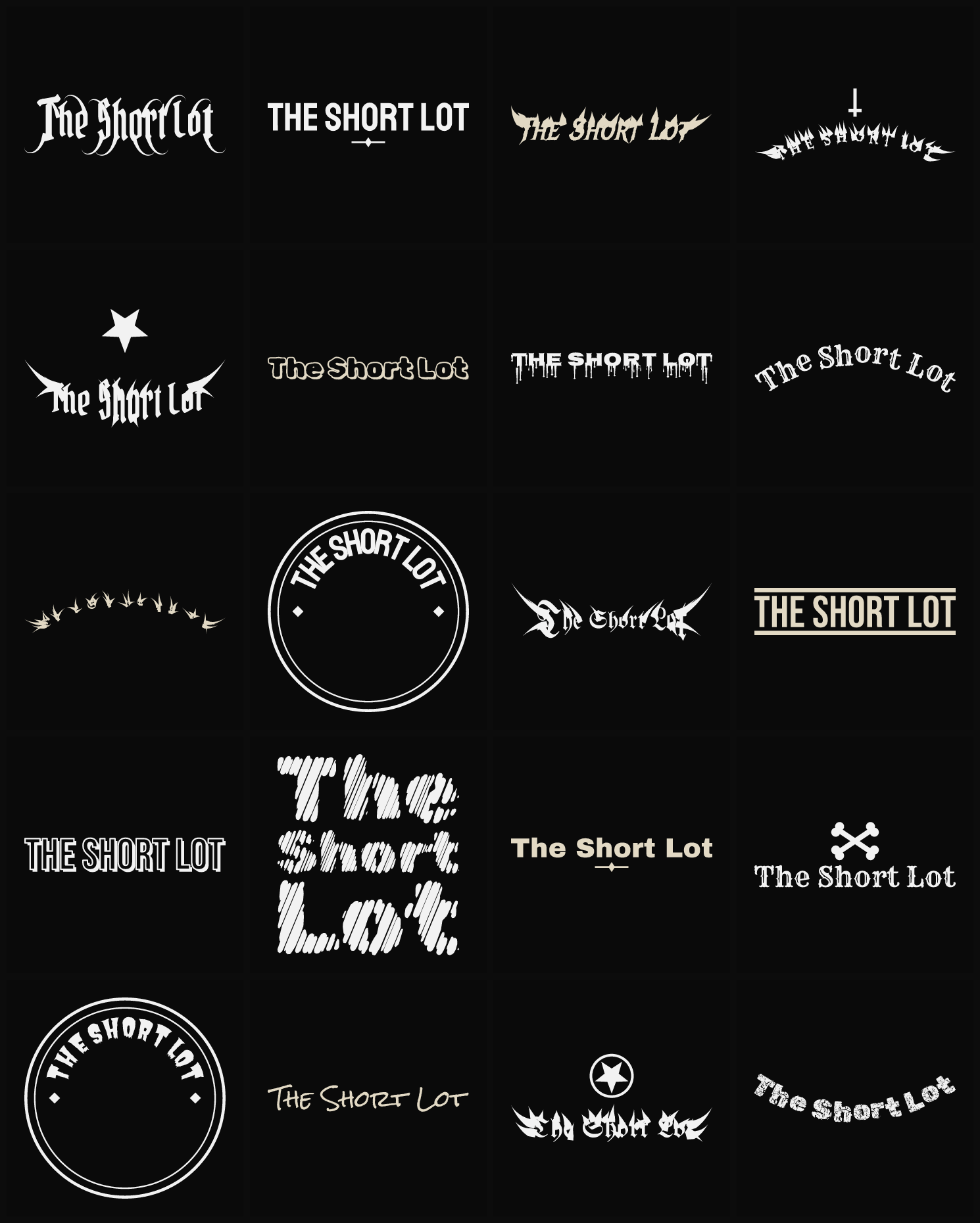 Twenty The Short Lot band logo ideas — different faces, treatments and spike settings