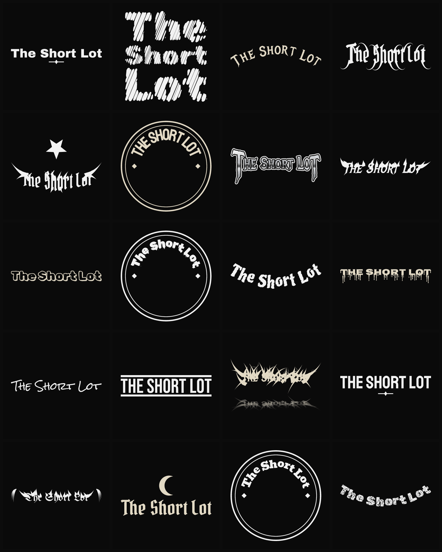 Twenty The Short Lot band logo ideas — different faces, treatments and spike settings