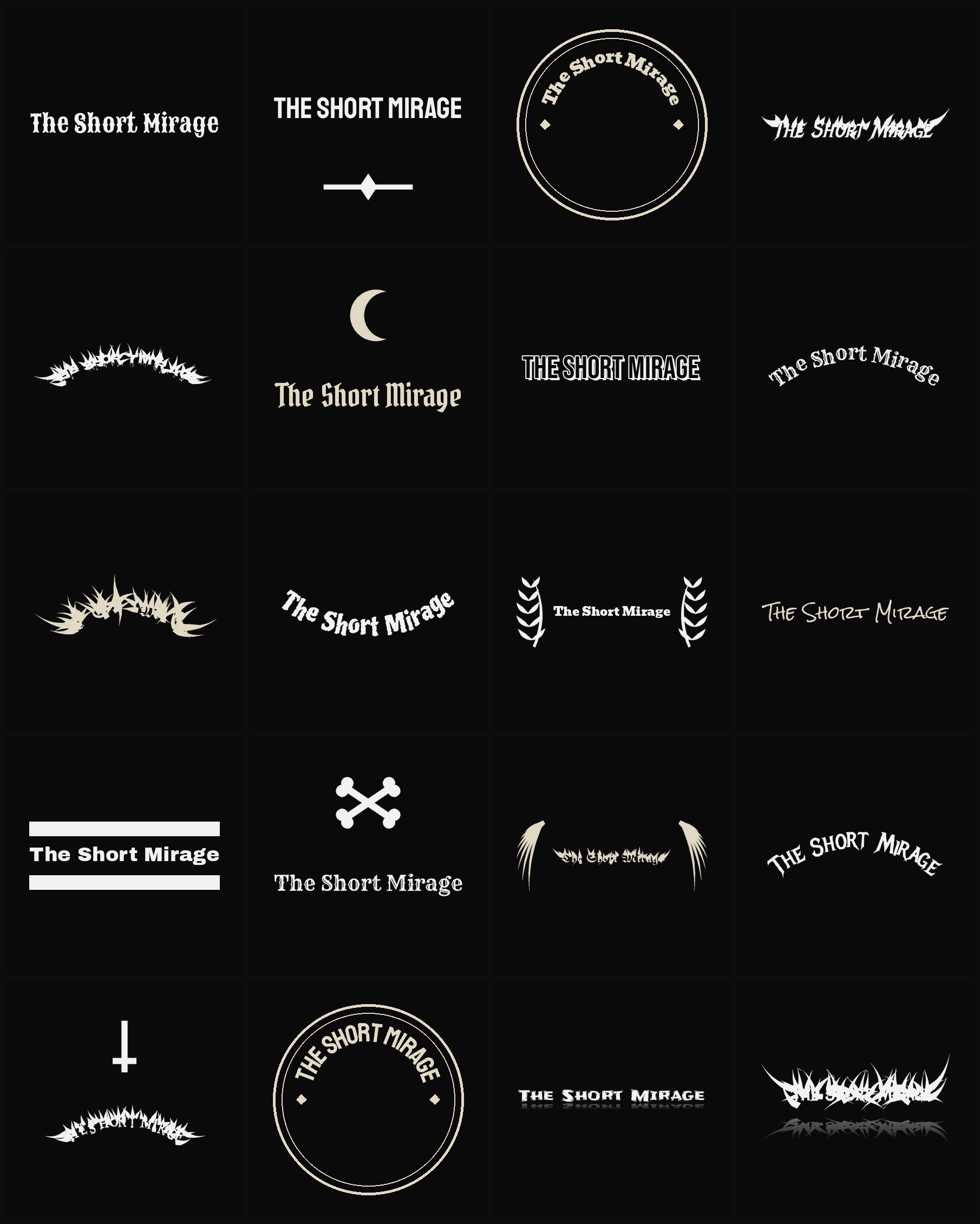 Twenty The Short Mirage band logo ideas — different faces, treatments and spike settings