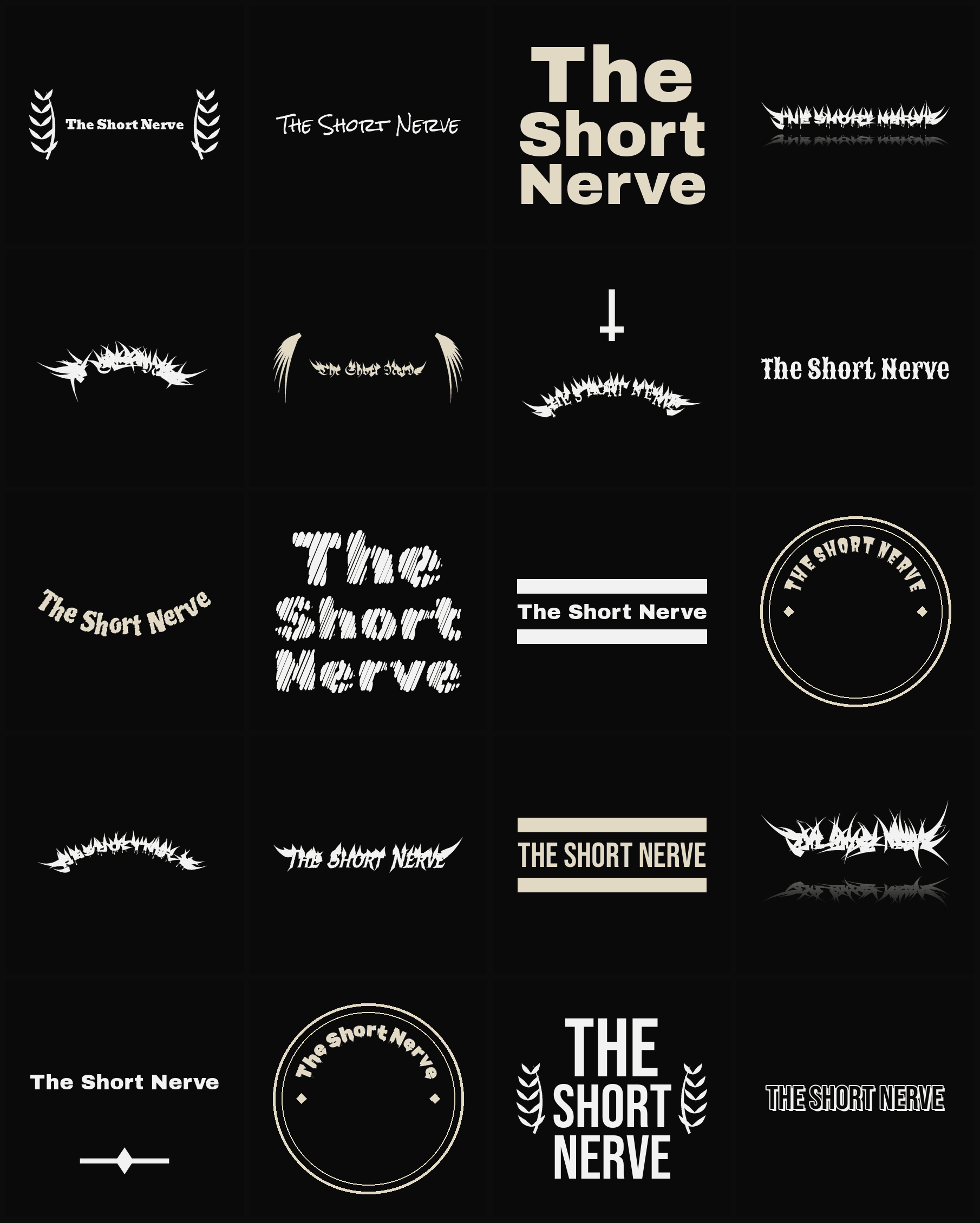 Twenty The Short Nerve band logo ideas — different faces, treatments and spike settings