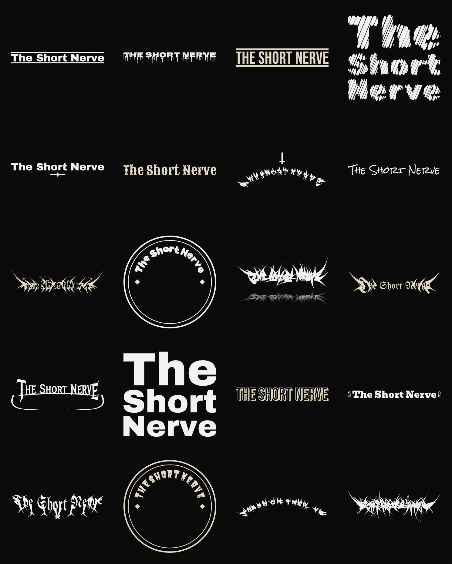 Twenty The Short Nerve band logo ideas — different faces, treatments and spike settings