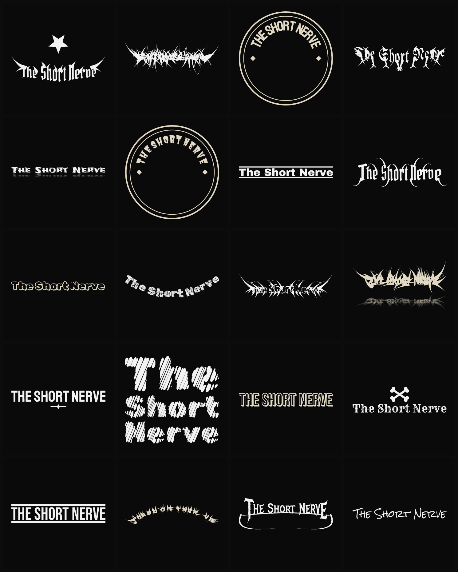 Twenty The Short Nerve band logo ideas — different faces, treatments and spike settings