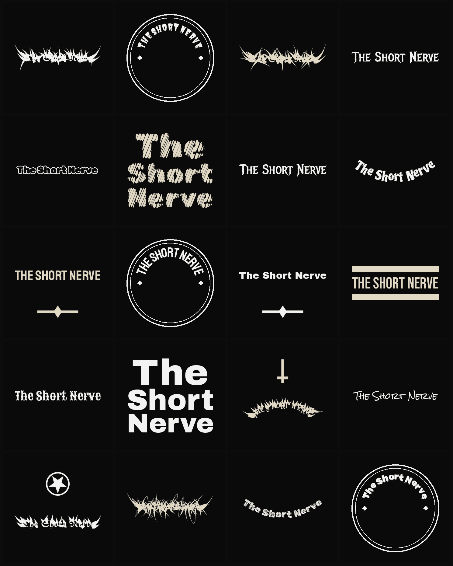 Twenty The Short Nerve band logo ideas — different faces, treatments and spike settings