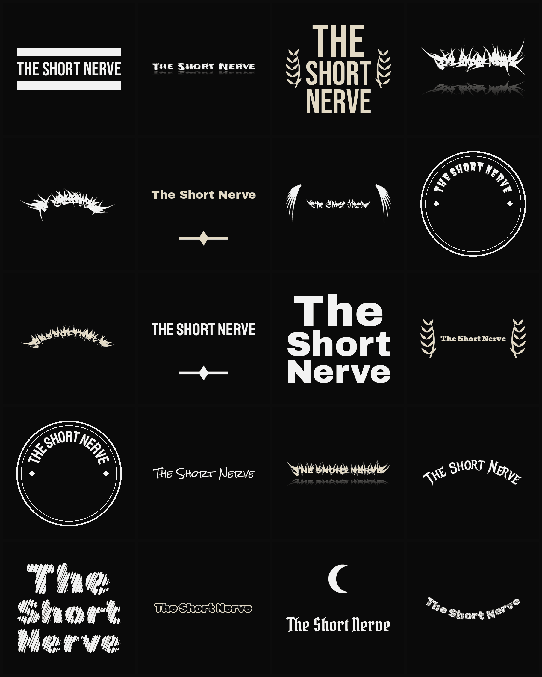 Twenty The Short Nerve band logo ideas — different faces, treatments and spike settings