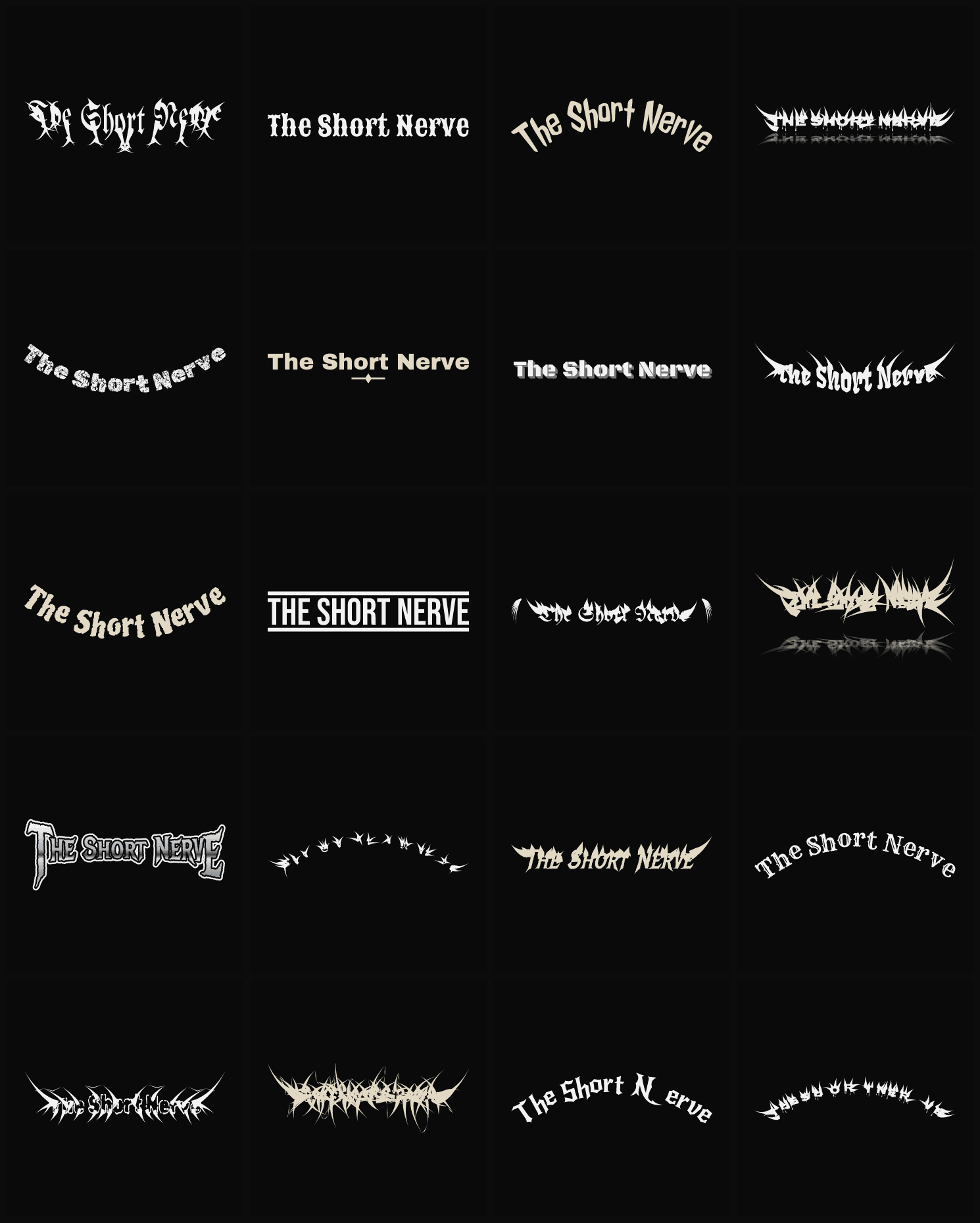 Twenty The Short Nerve band logo ideas — different faces, treatments and spike settings