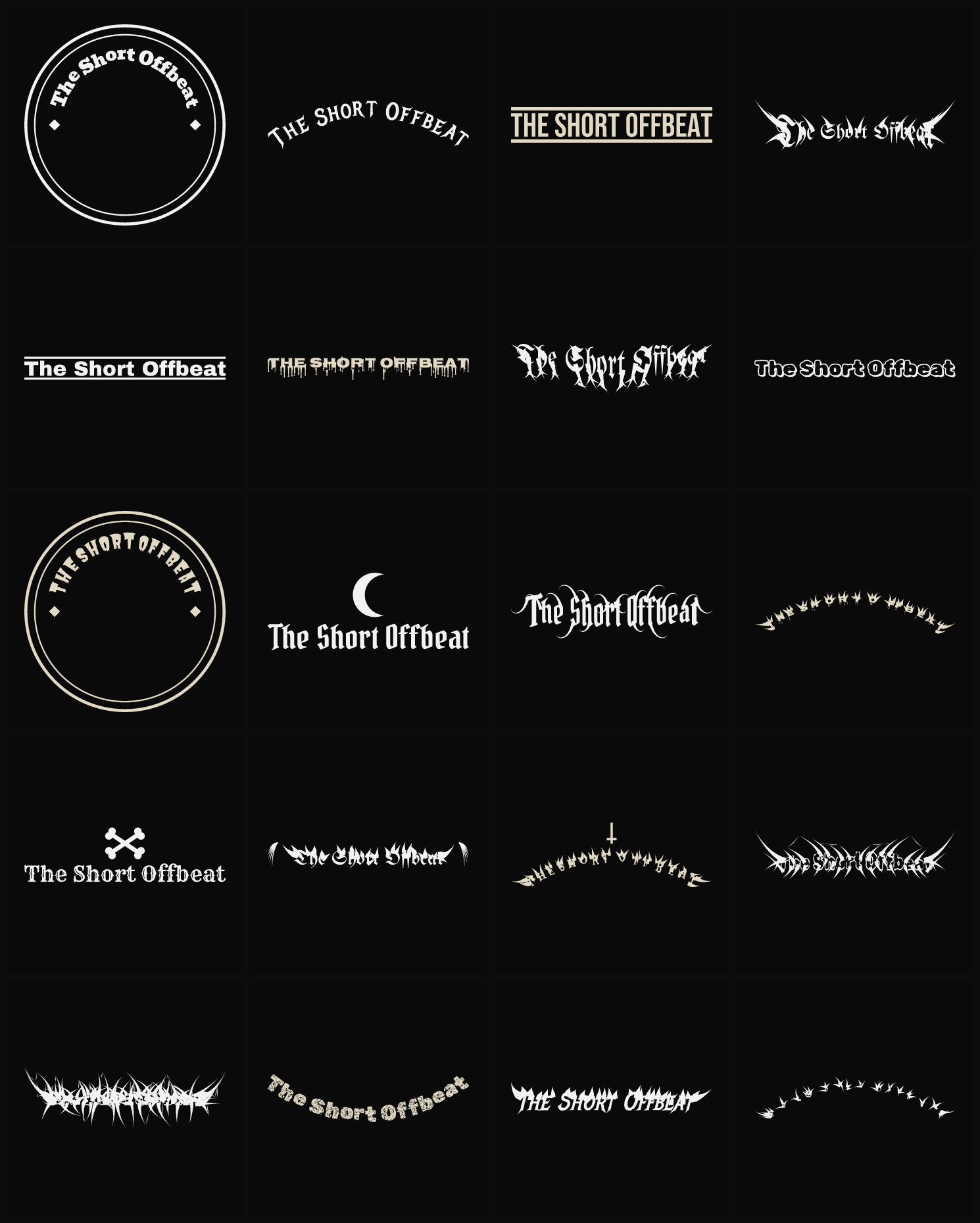 Twenty The Short Offbeat band logo ideas — different faces, treatments and spike settings
