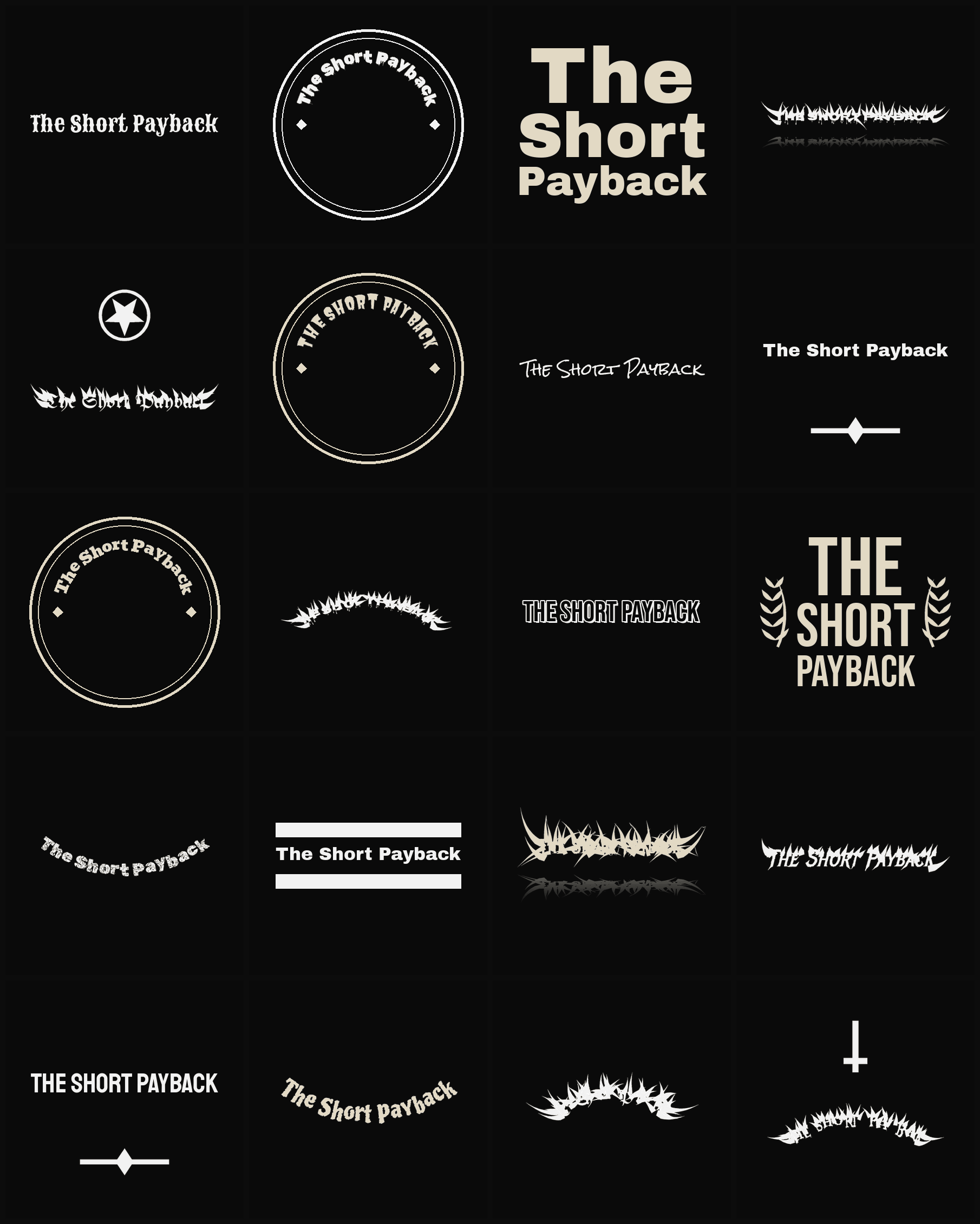 Twenty The Short Payback band logo ideas — different faces, treatments and spike settings