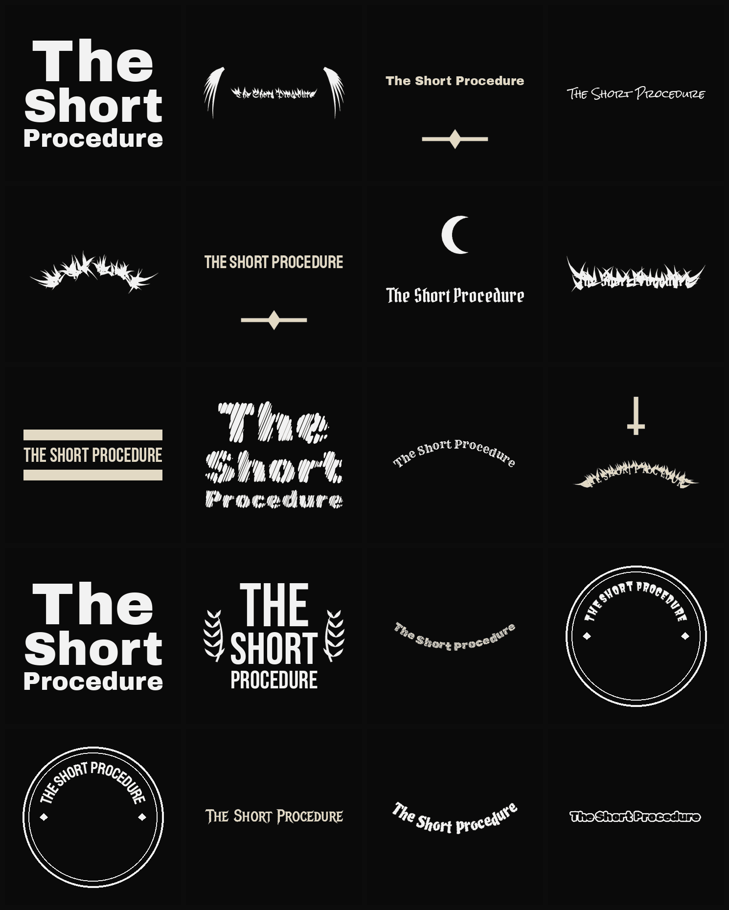 Twenty The Short Procedure band logo ideas — different faces, treatments and spike settings