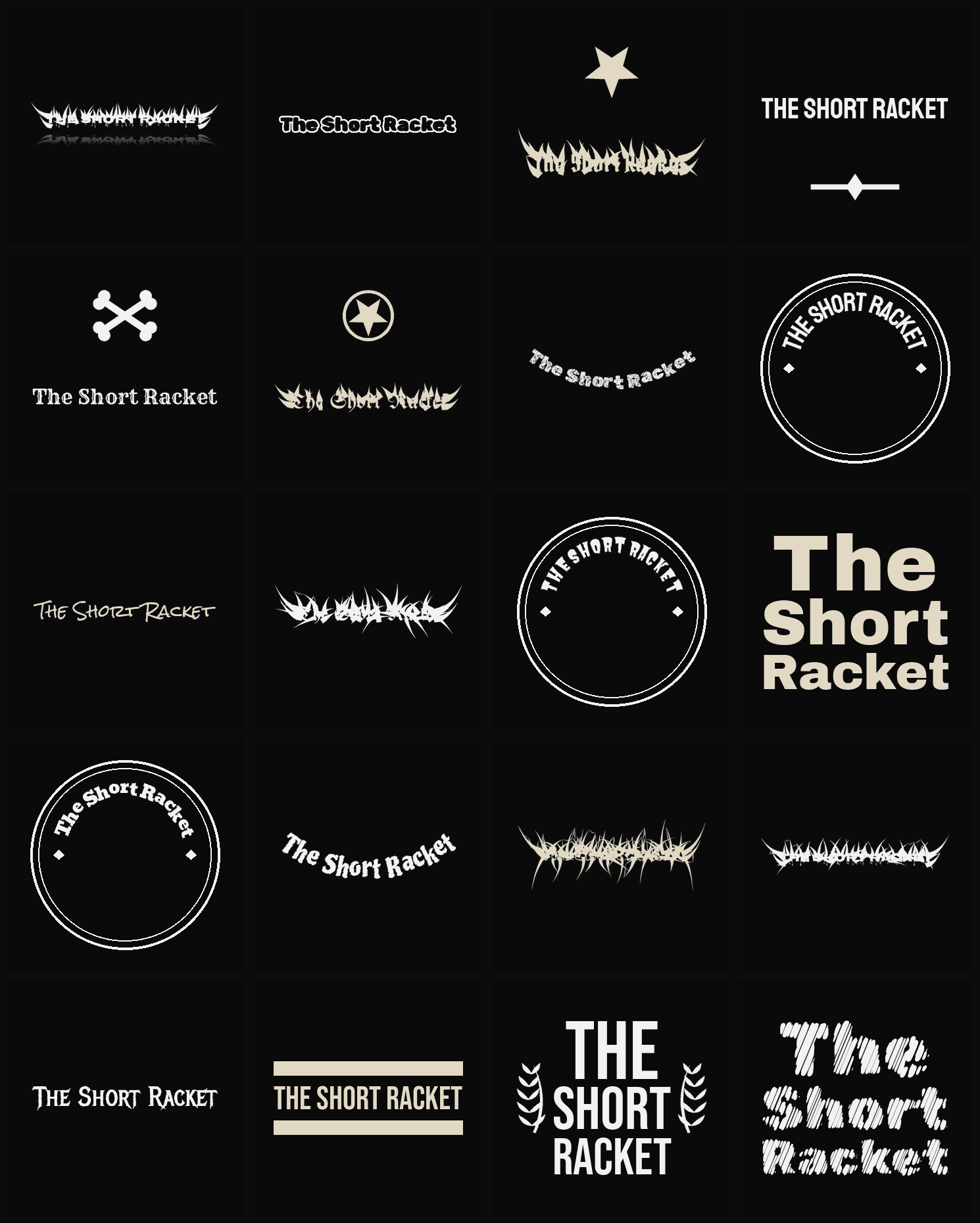 Twenty The Short Racket band logo ideas — different faces, treatments and spike settings