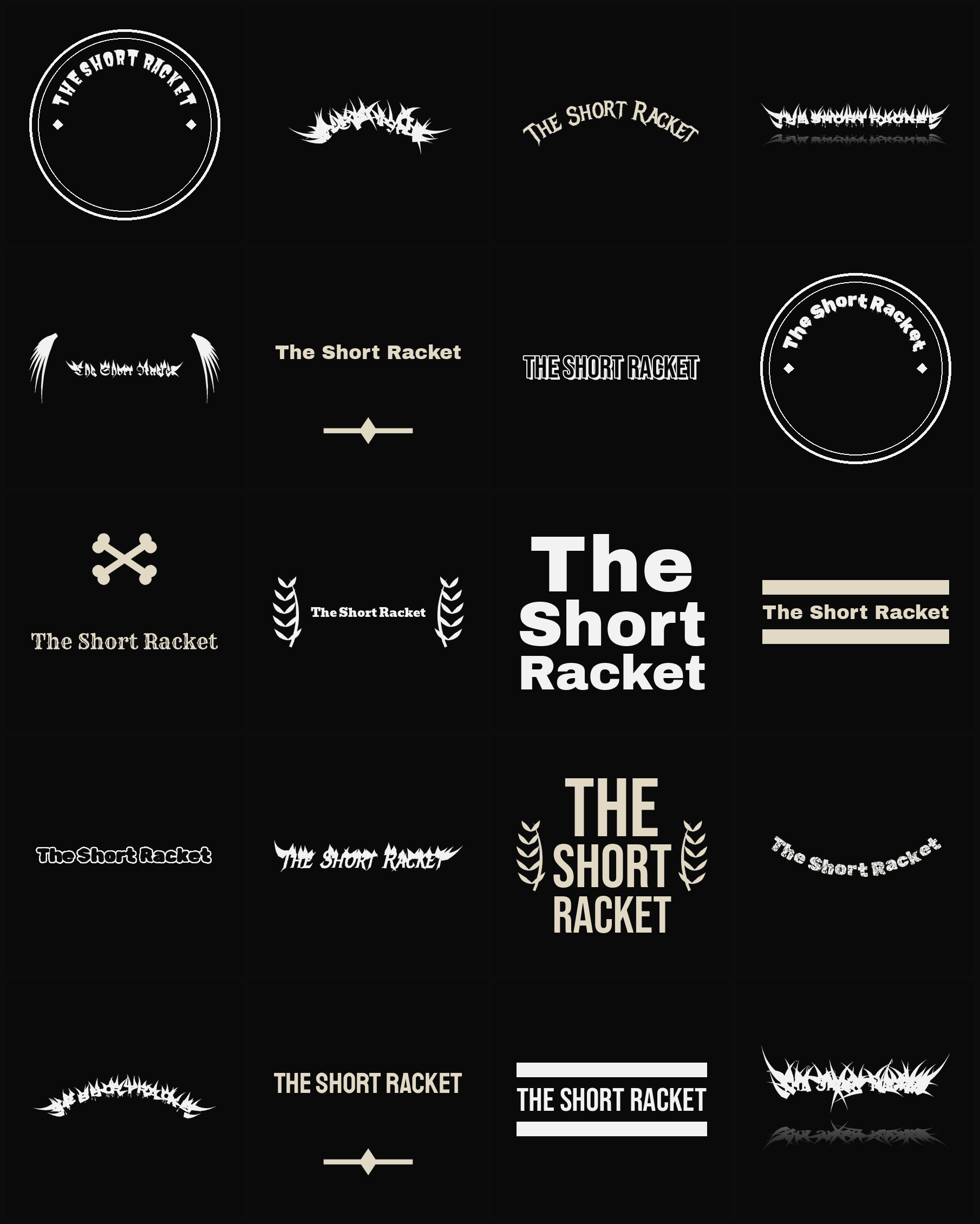 Twenty The Short Racket band logo ideas — different faces, treatments and spike settings