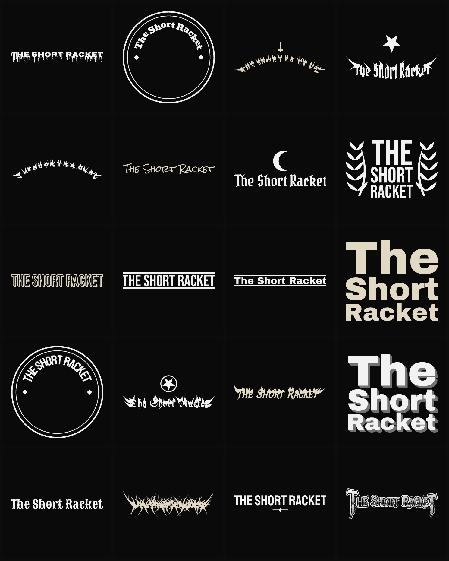 Twenty The Short Racket band logo ideas — different faces, treatments and spike settings