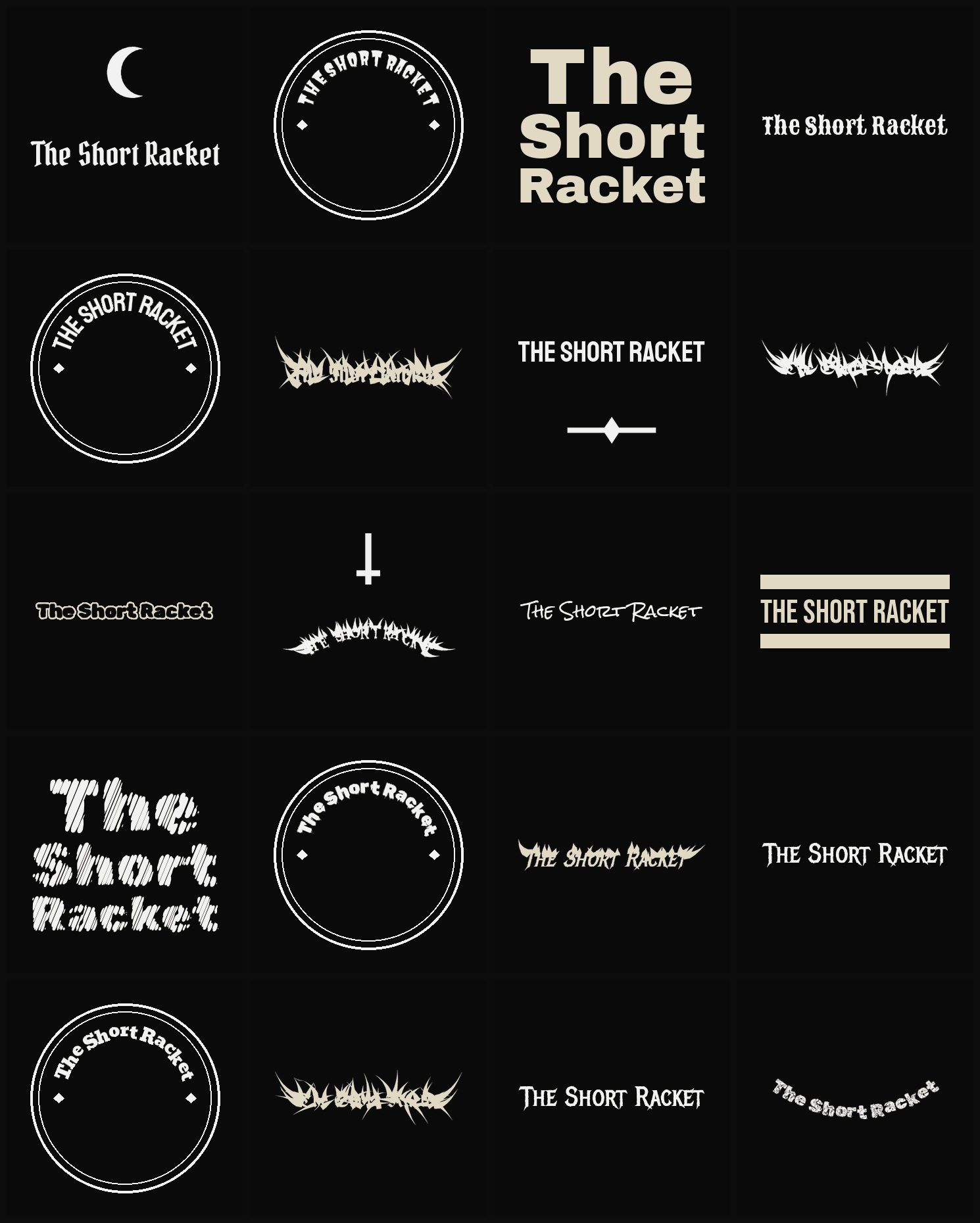Twenty The Short Racket band logo ideas — different faces, treatments and spike settings