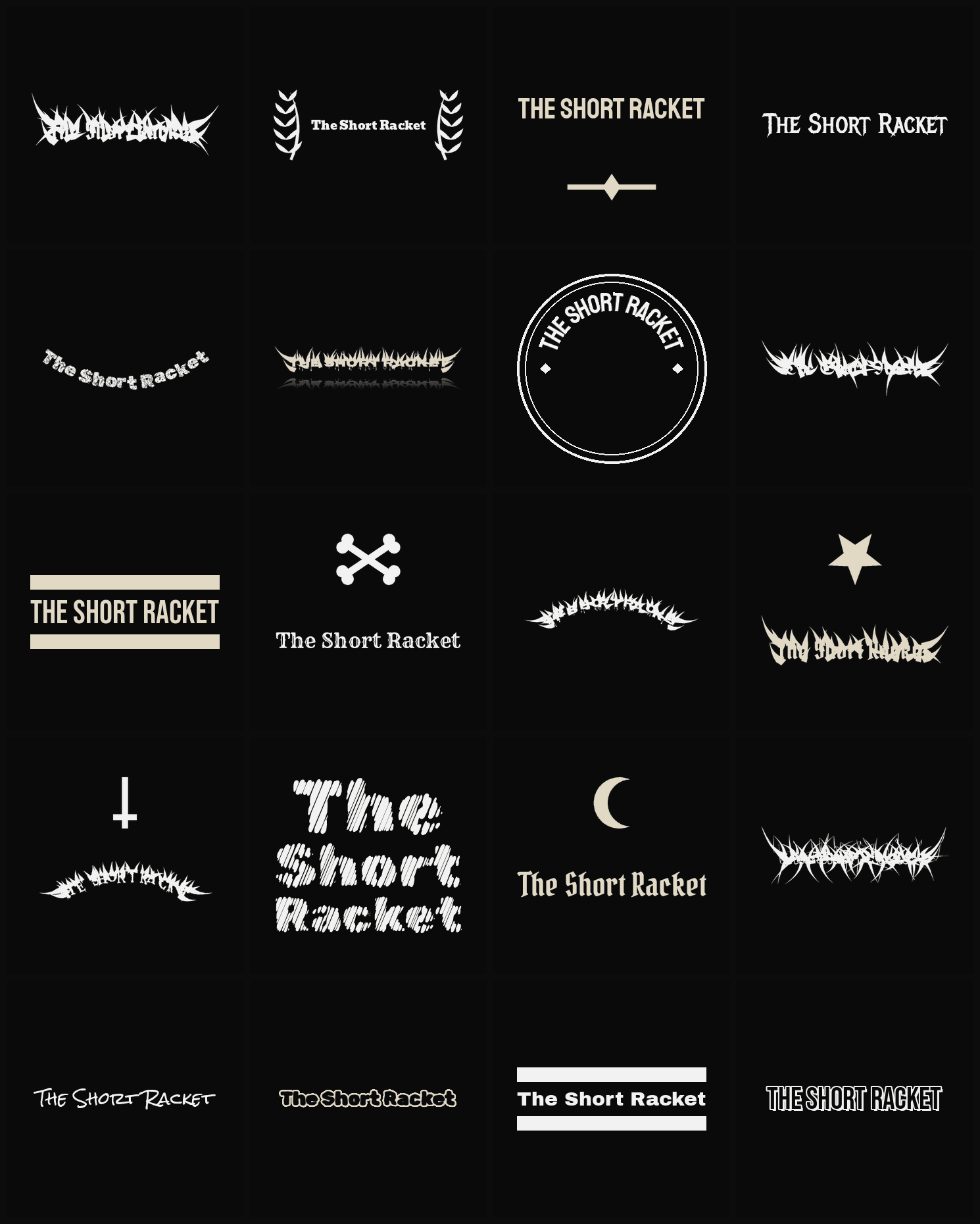 Twenty The Short Racket band logo ideas — different faces, treatments and spike settings