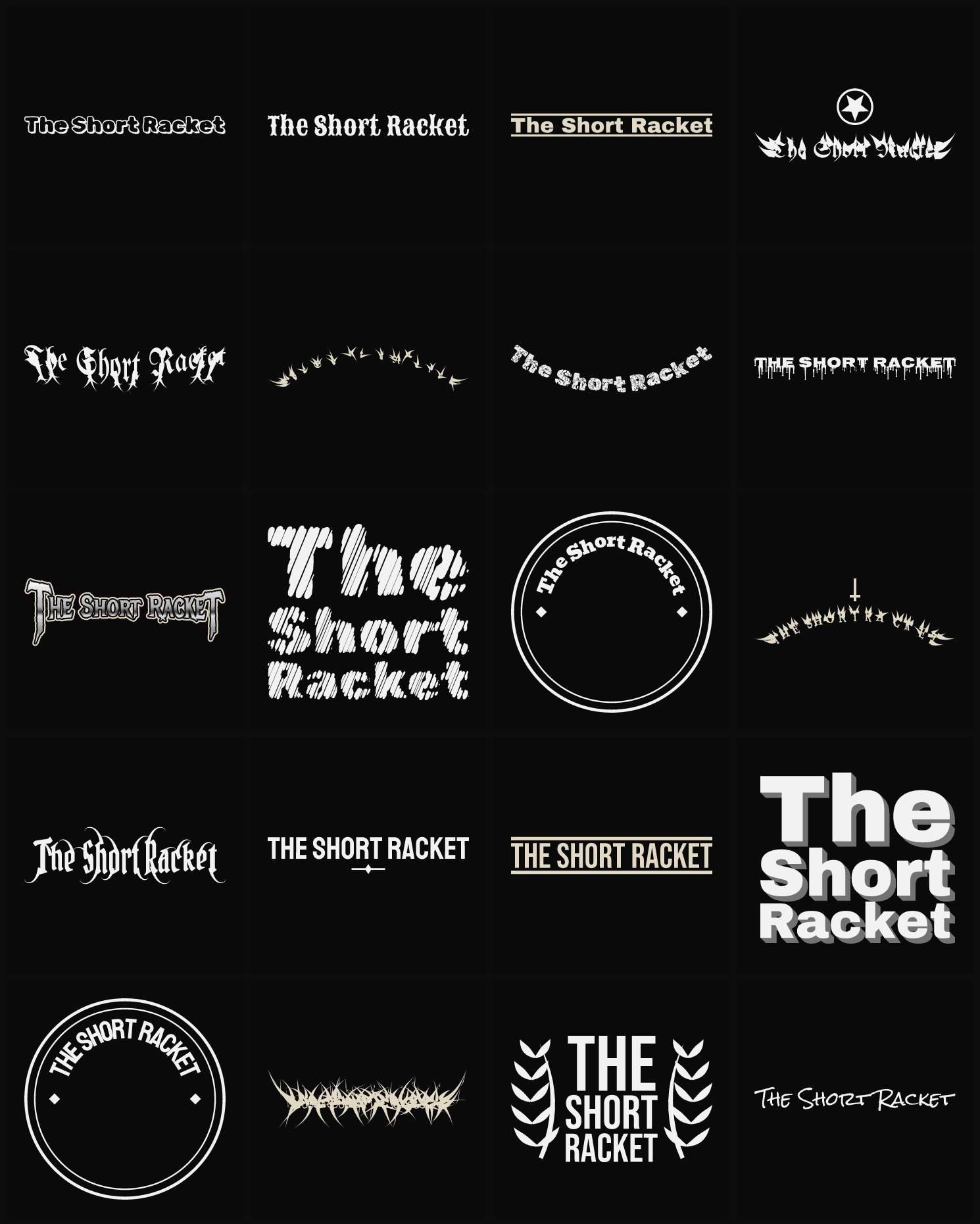 Twenty The Short Racket band logo ideas — different faces, treatments and spike settings