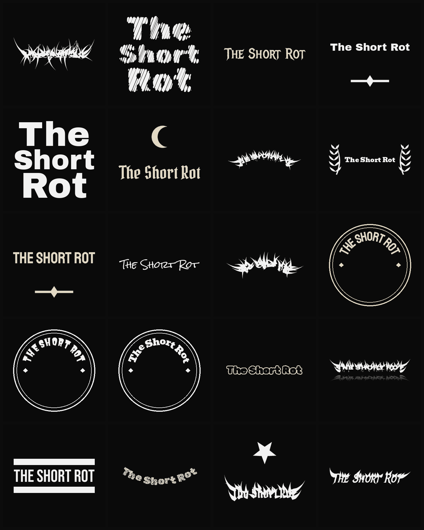 Twenty The Short Rot band logo ideas — different faces, treatments and spike settings