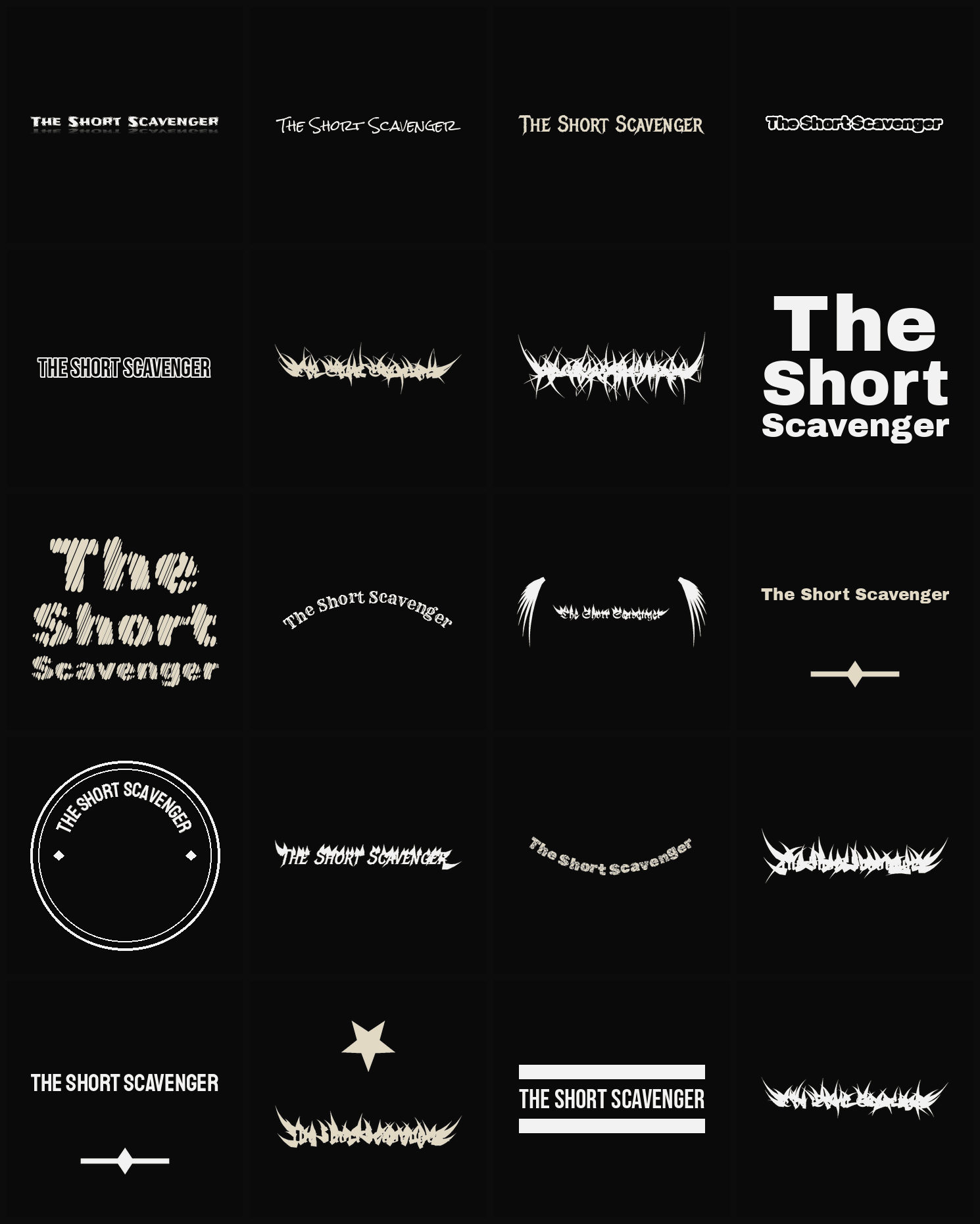 Twenty The Short Scavenger band logo ideas — different faces, treatments and spike settings